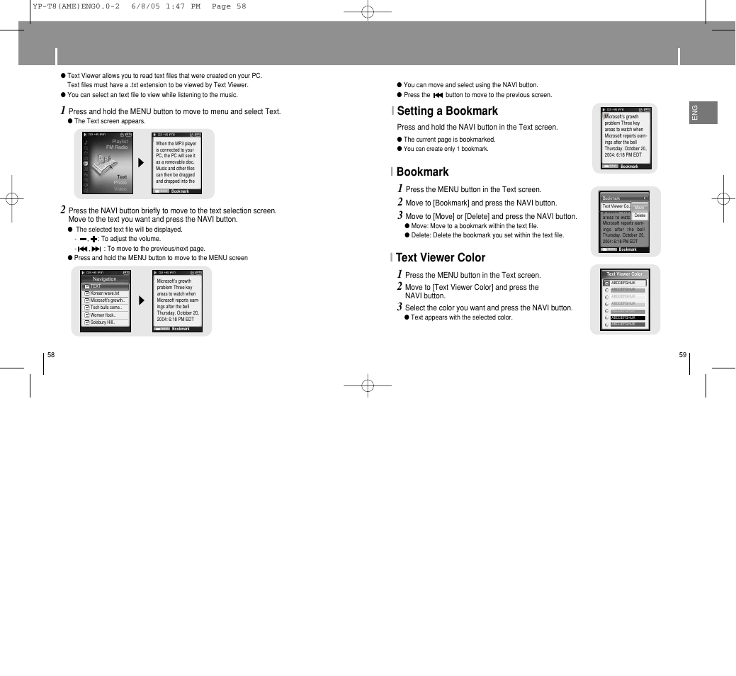 Viewing a text, Setting main functions in text mode, Isetting a bookmark | Ibookmark 1, Itext viewer color | Samsung YP-T8 User Manual | Page 30 / 50
