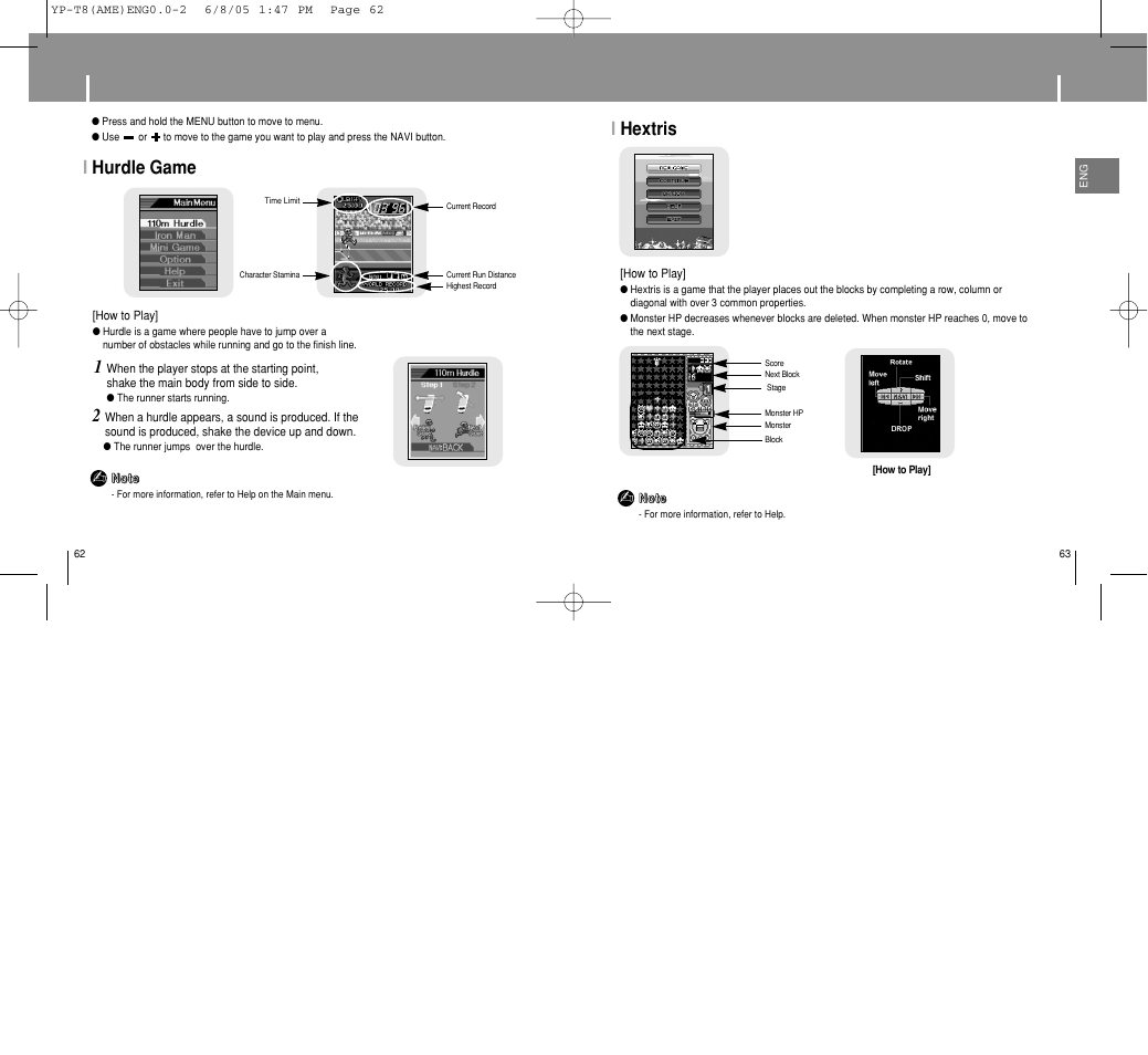 Playing a game, I hextris, Ihurdle game | Samsung YP-T8 User Manual | Page 32 / 50