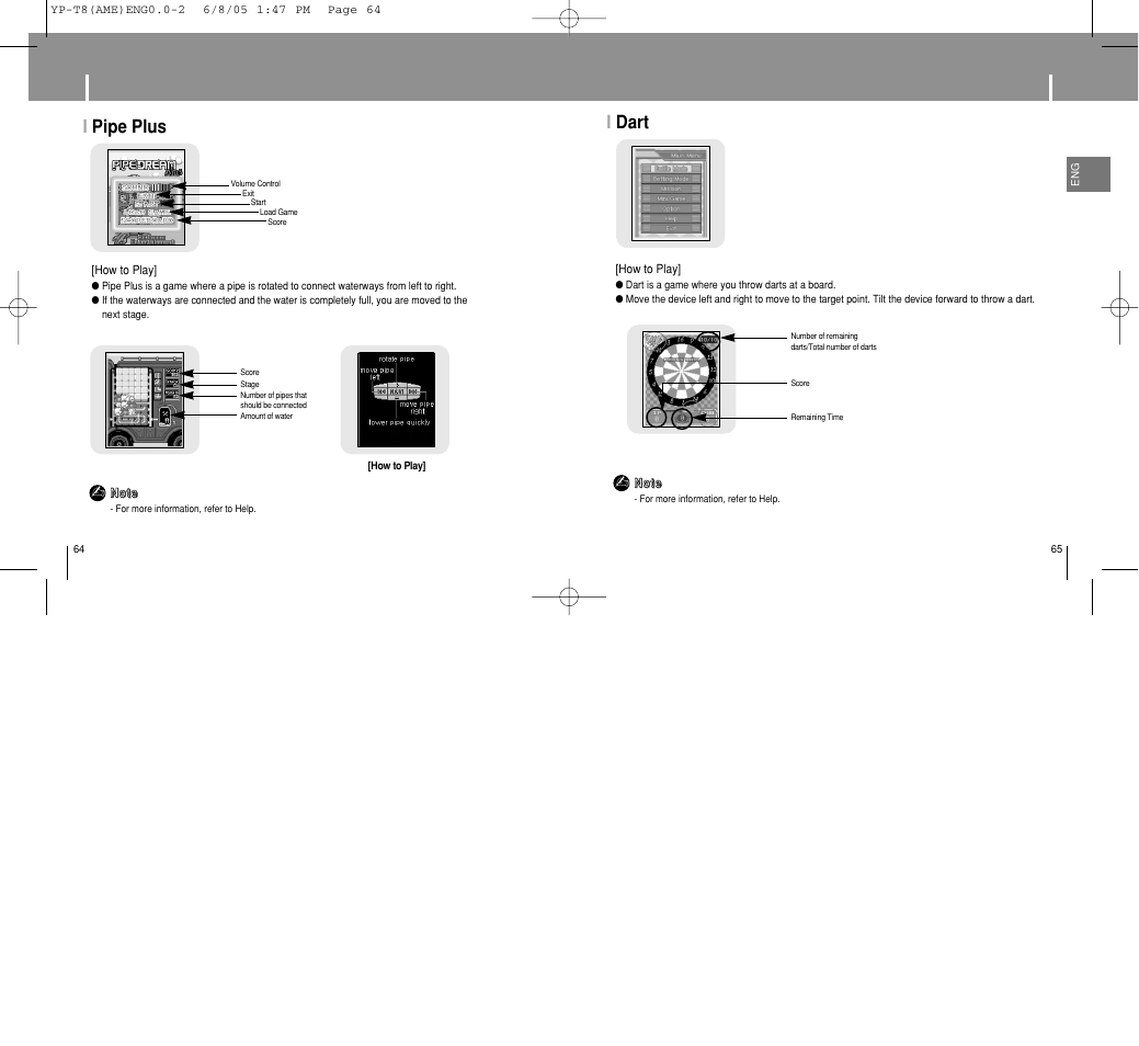 Playing a game, I dart, I pipe plus | Samsung YP-T8 User Manual | Page 33 / 50