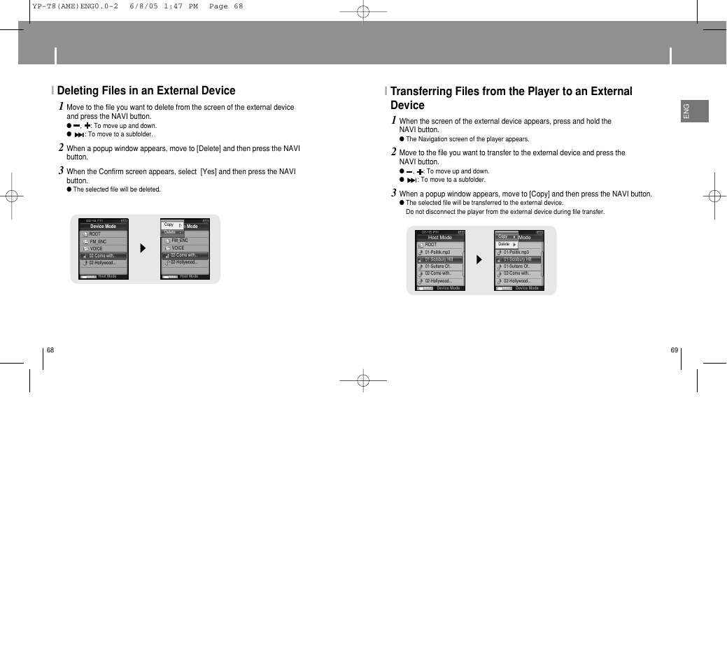 Using usb host, Ideleting files in an external device | Samsung YP-T8 User Manual | Page 35 / 50