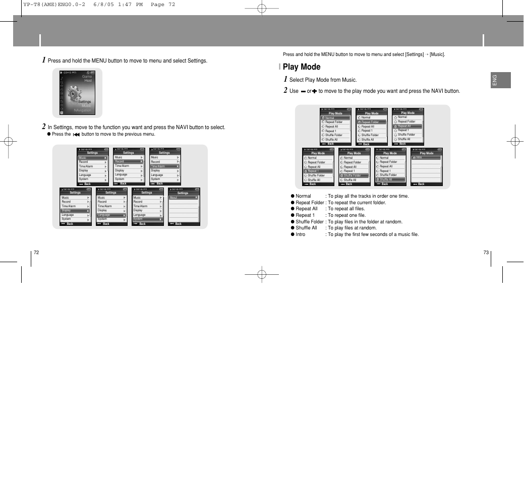 Setting the advanced functions, Selecting the play mode, Iplay mode 2 | Select play mode from music | Samsung YP-T8 User Manual | Page 37 / 50