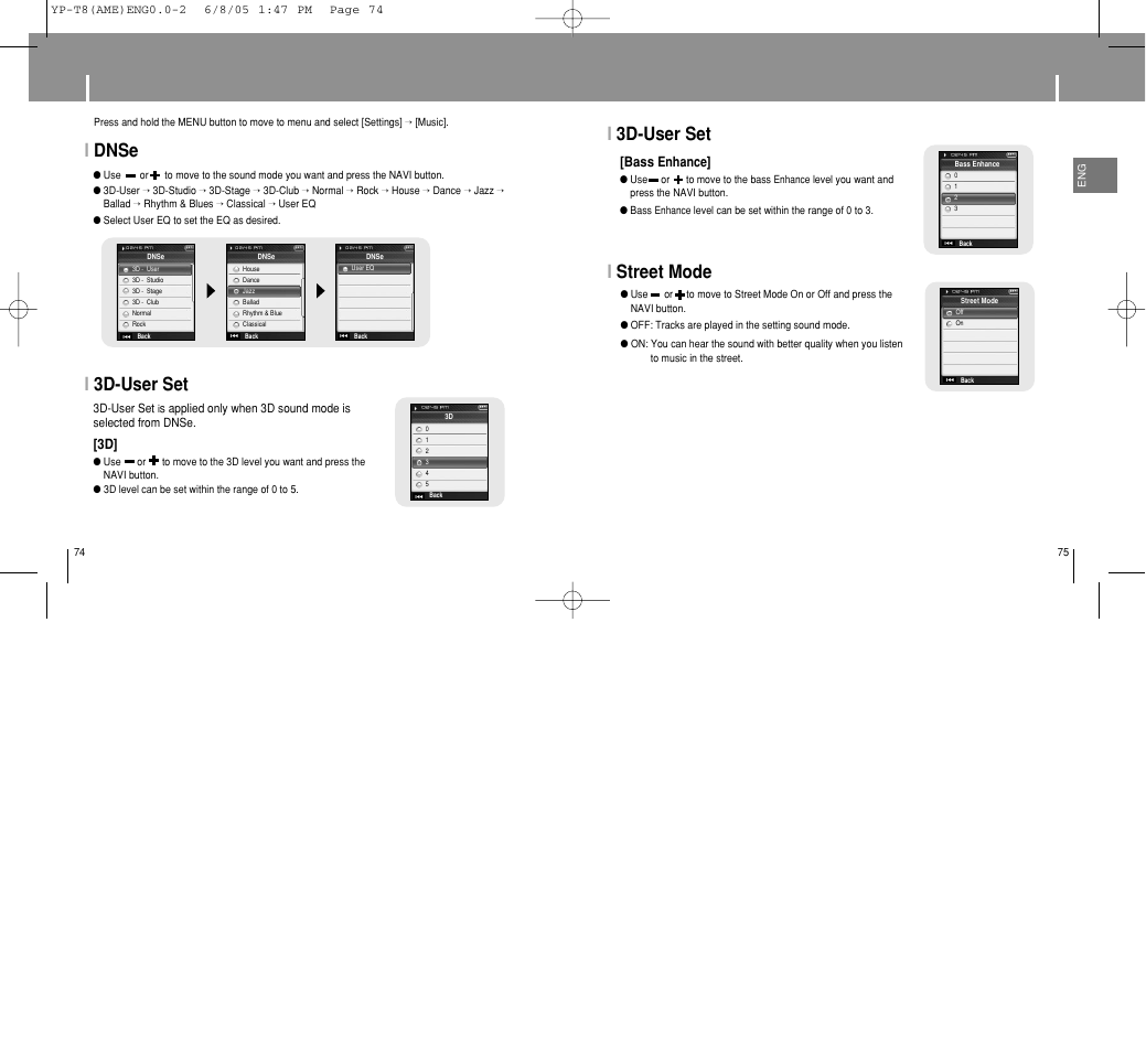 Setting sound effect, I3d-user set, Istreet mode | Idnse | Samsung YP-T8 User Manual | Page 38 / 50