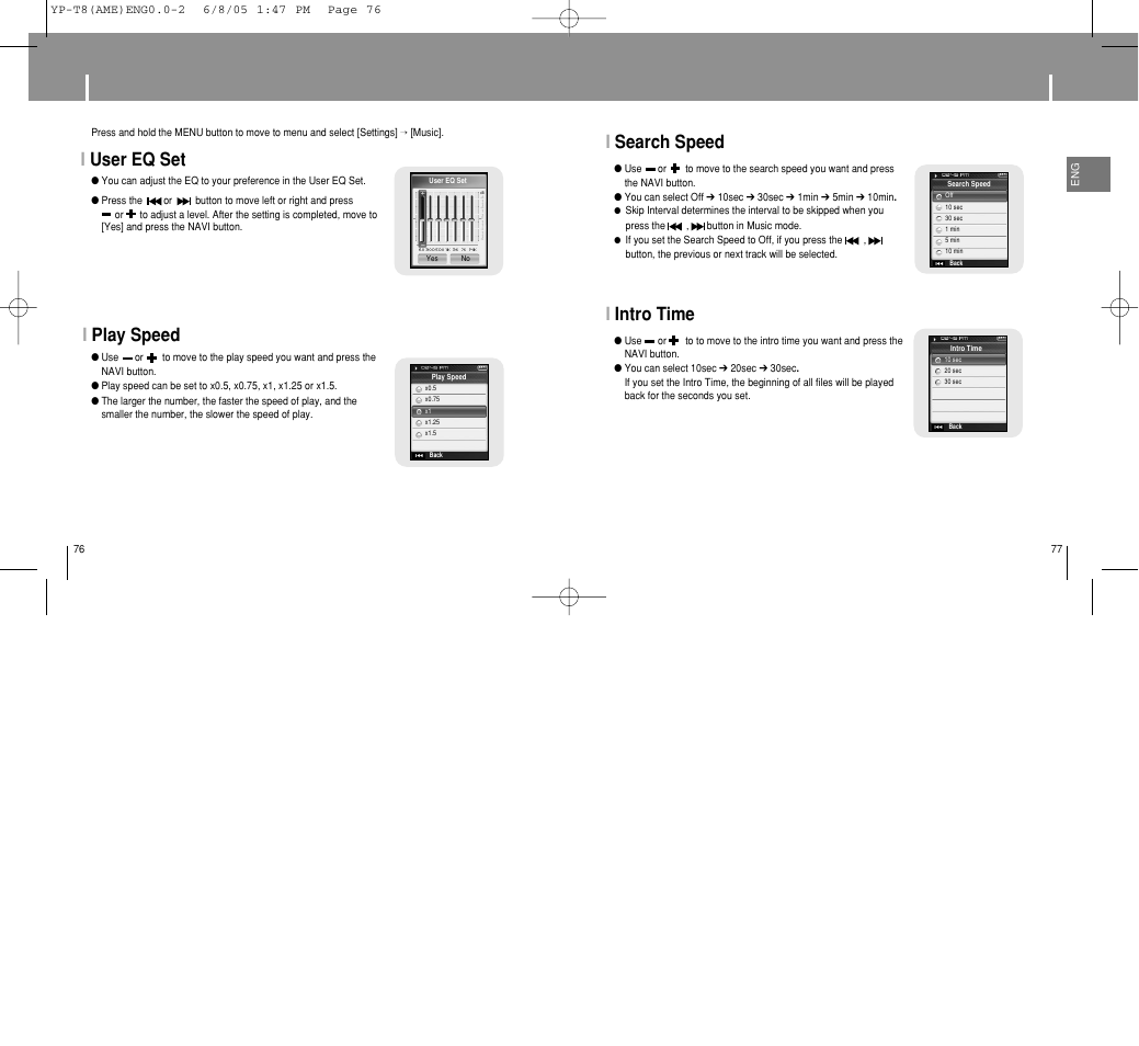 Setting sound effect, Isearch speed, Iintro time | Iplay speed, Iuser eq set | Samsung YP-T8 User Manual | Page 39 / 50