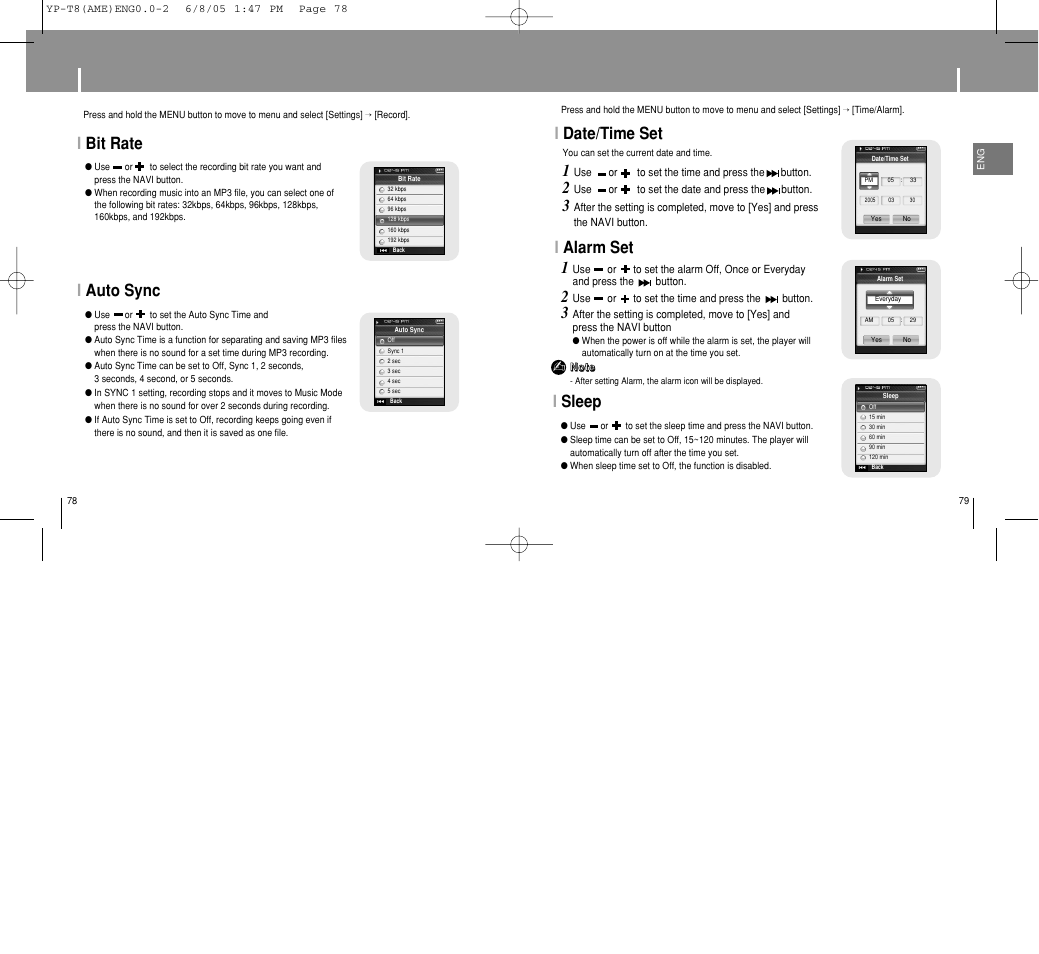 Record settings, Time/alarm settings, Idate/time set i alarm set 1 | Isleep, Ibit rate, Iauto sync | Samsung YP-T8 User Manual | Page 40 / 50