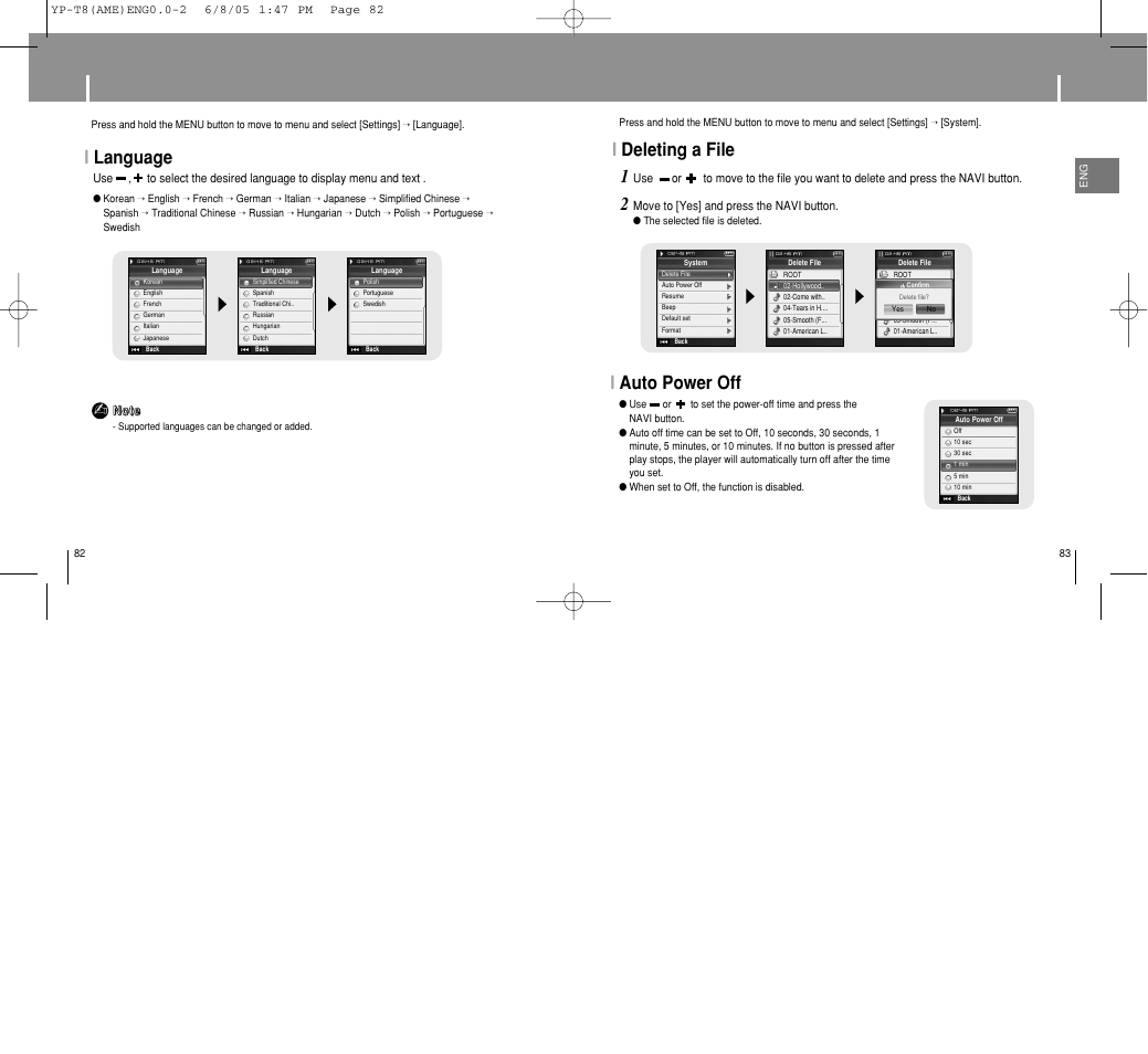 Language setting, System settings, Ideleting a file | Iauto power off, Ilanguage | Samsung YP-T8 User Manual | Page 42 / 50
