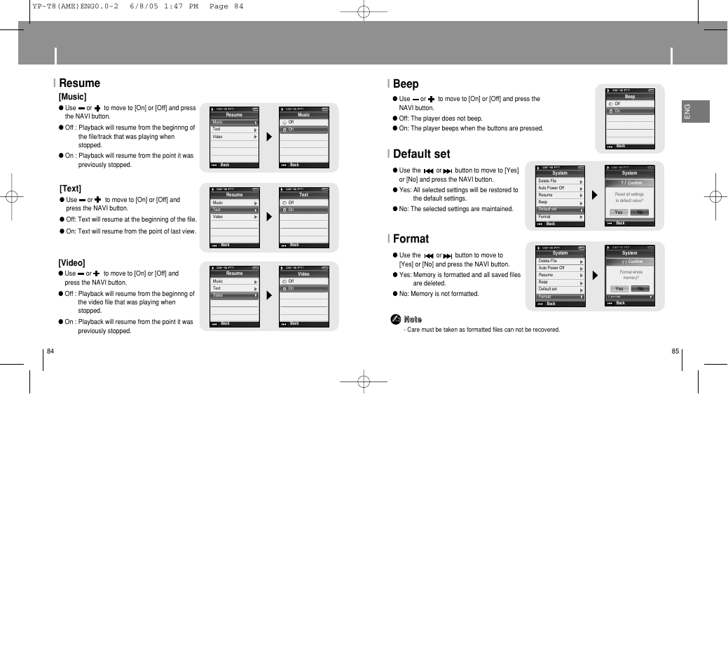 System settings, Ibeep, Idefault set | Iformat, Iresume, Music, Text, Video | Samsung YP-T8 User Manual | Page 43 / 50