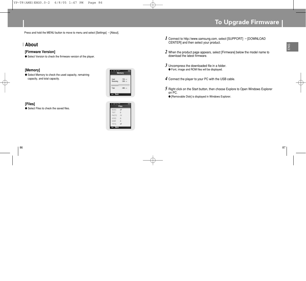 Viewing system information, To upgrade firmware, Iabout | Samsung YP-T8 User Manual | Page 44 / 50