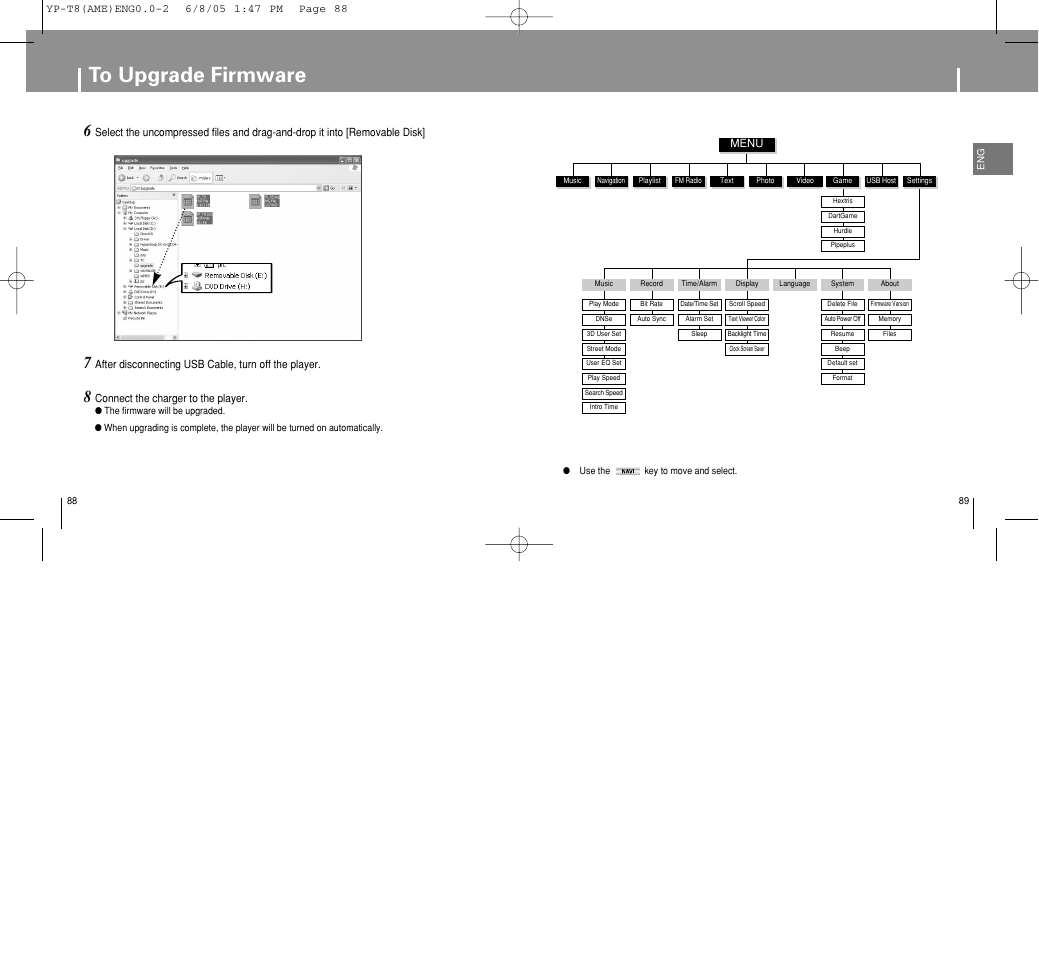 Chapter 4 additional features, Menu table | Samsung YP-T8 User Manual | Page 45 / 50