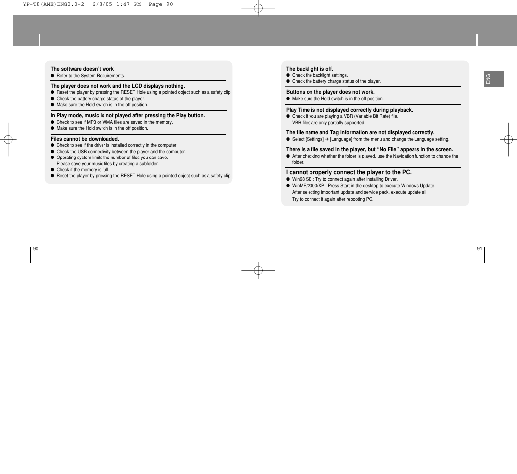 Chapter 5 customer support, Troubleshooting | Samsung YP-T8 User Manual | Page 46 / 50
