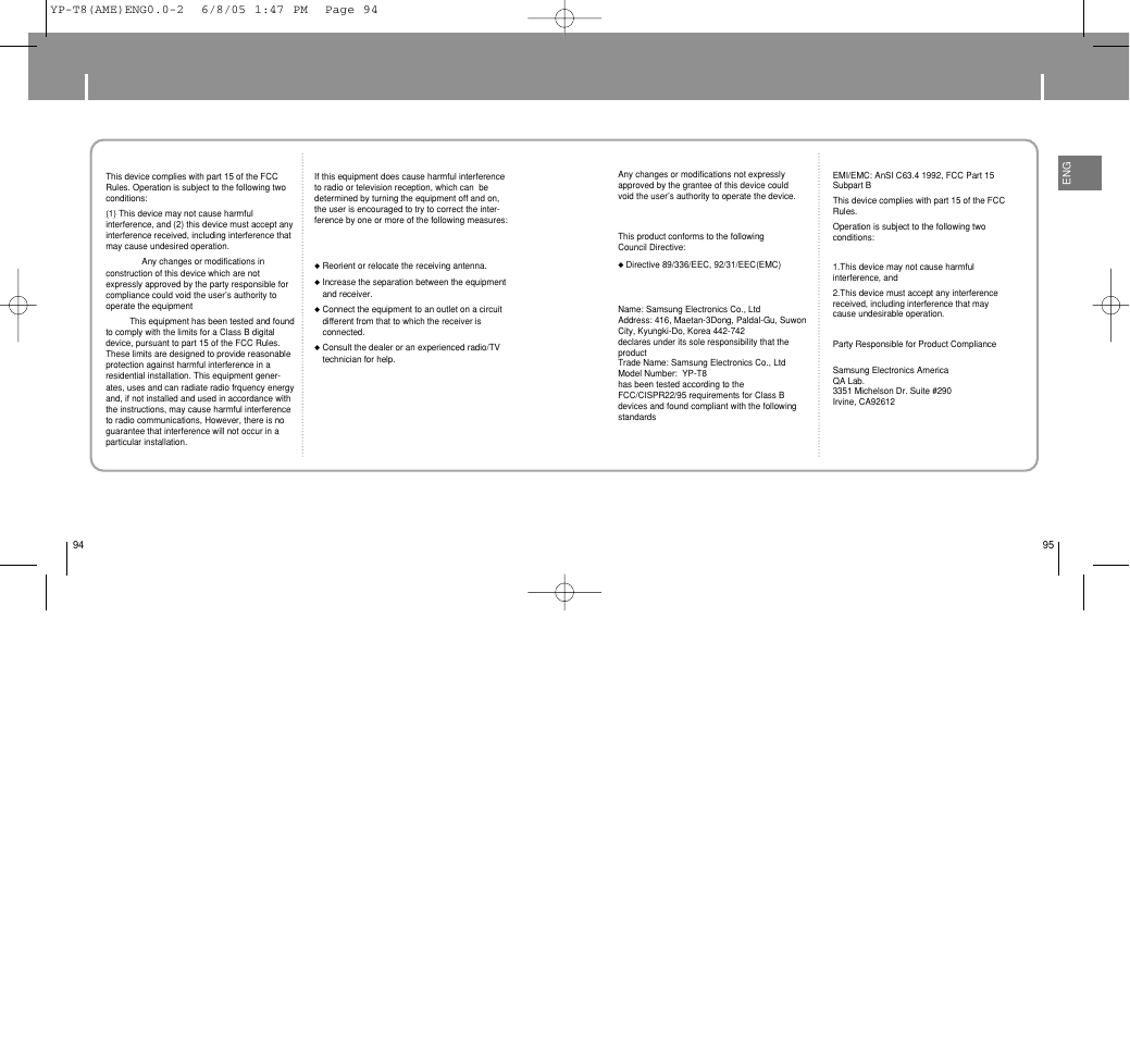 Safety information | Samsung YP-T8 User Manual | Page 48 / 50