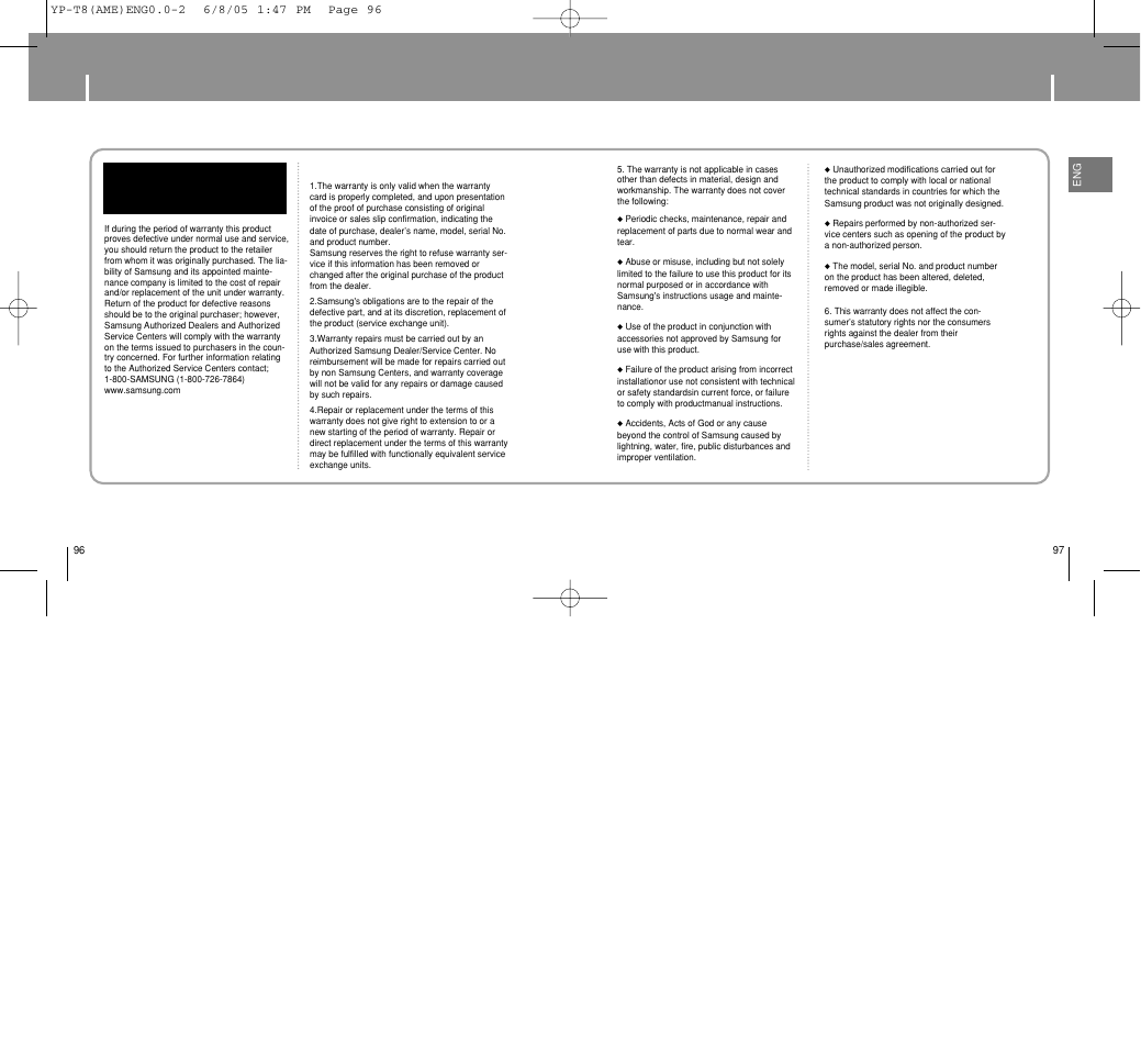 Warranty | Samsung YP-T8 User Manual | Page 49 / 50