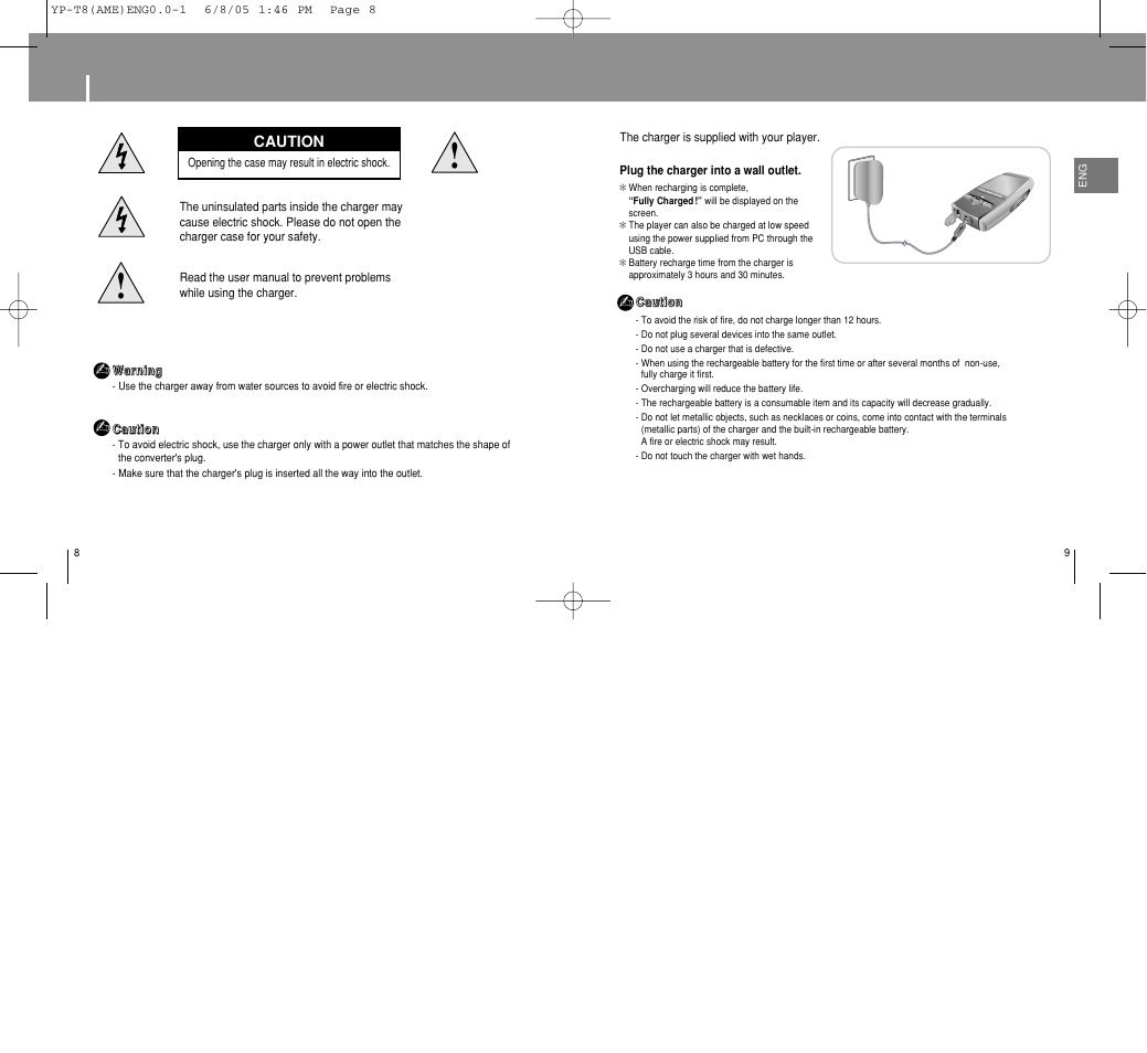 Battery charger safety, Charging the battery | Samsung YP-T8 User Manual | Page 5 / 50