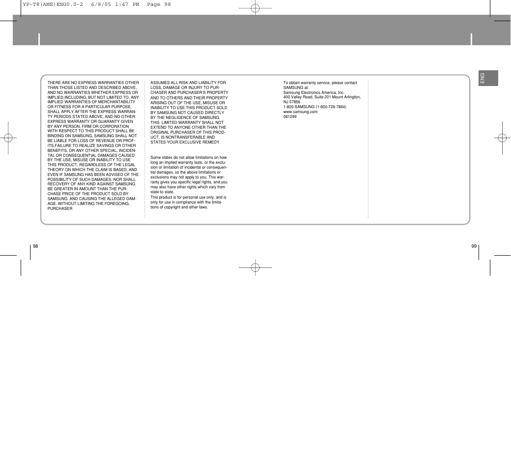 Warranty | Samsung YP-T8 User Manual | Page 50 / 50