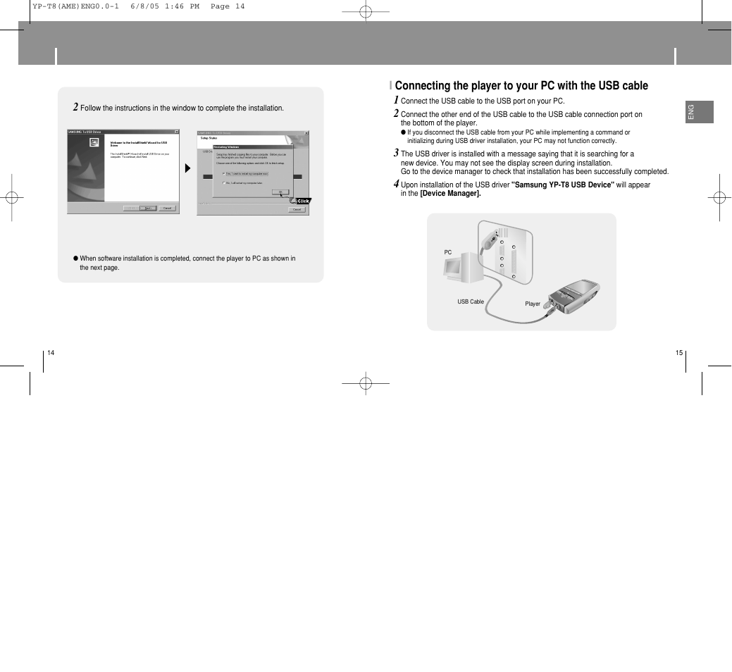 Connecting the player to your pc | Samsung YP-T8 User Manual | Page 8 / 50