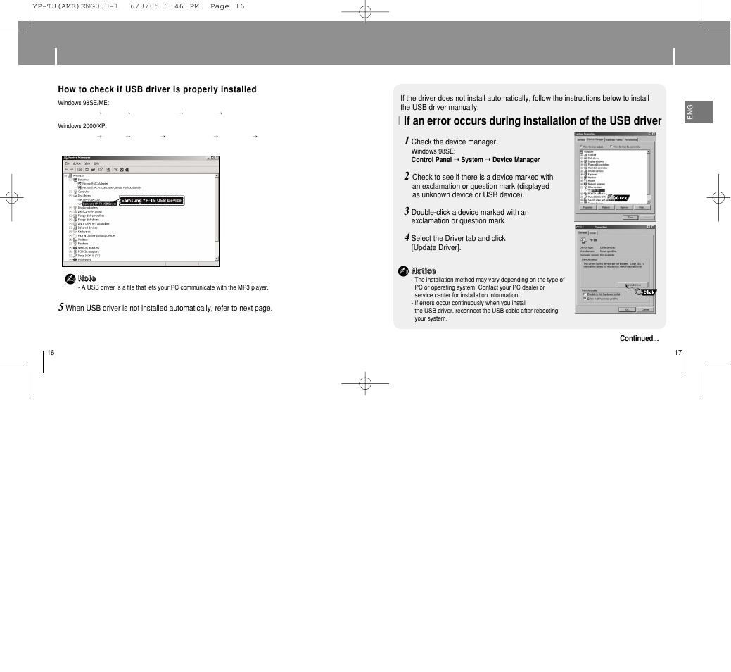 Manual installation of the usb driver, Connecting the player to your pc | Samsung YP-T8 User Manual | Page 9 / 50