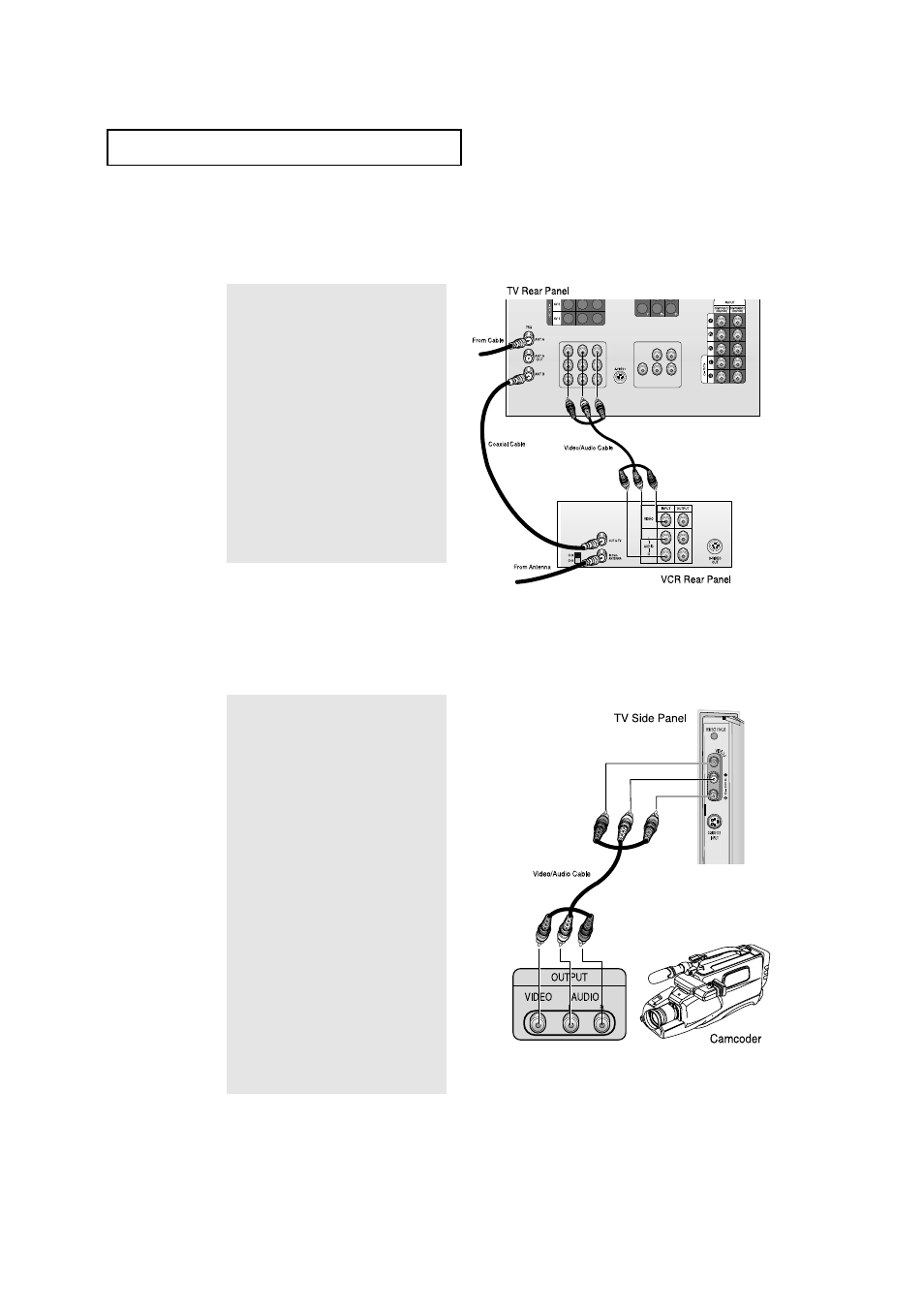 Connecting a second vcr to record from the tv, Connecting a camcorder | Samsung HCM5525WB User Manual | Page 19 / 67