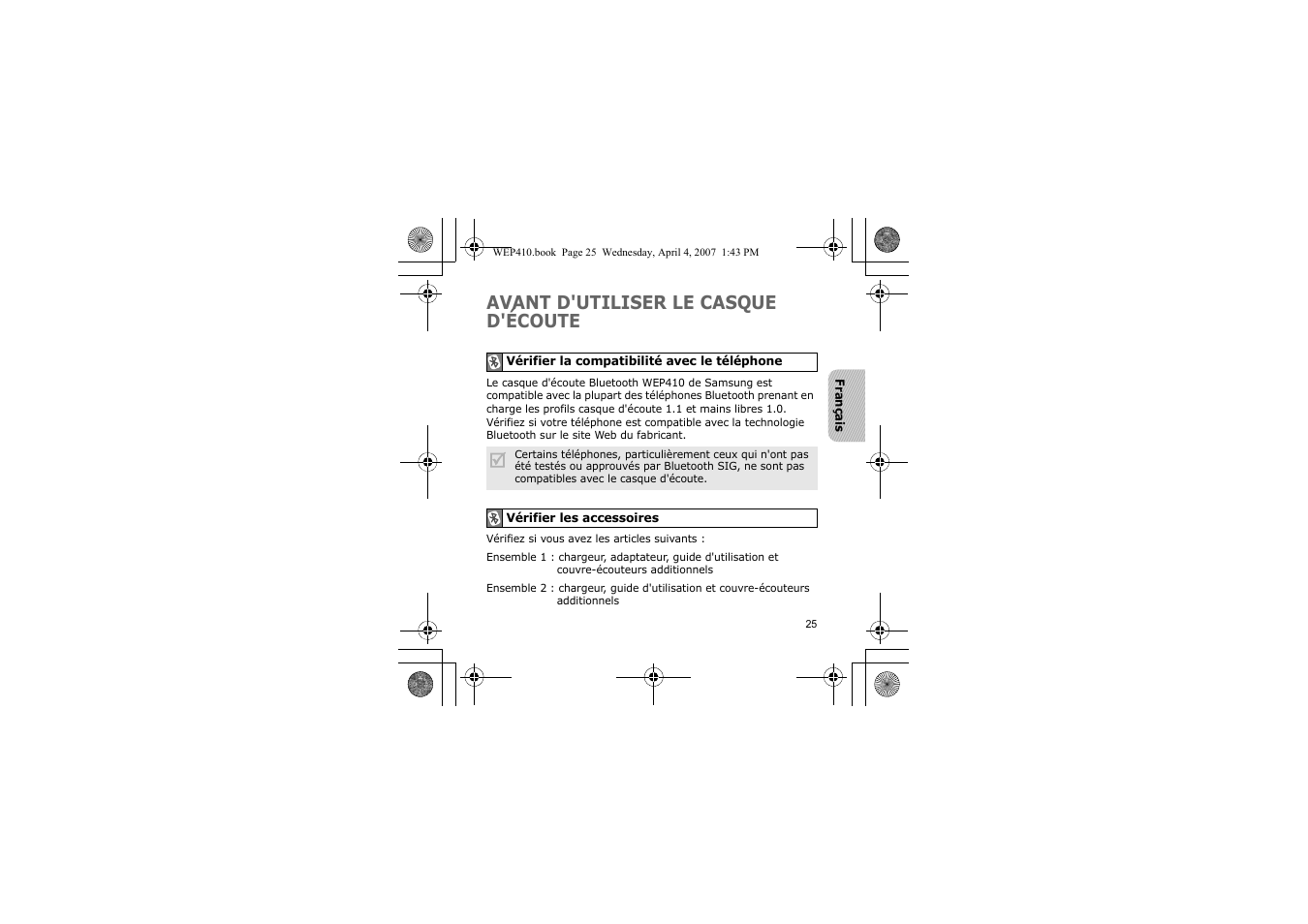 Avant d'utiliser le casque d'écoute | Samsung WEP 410 User Manual | Page 28 / 107