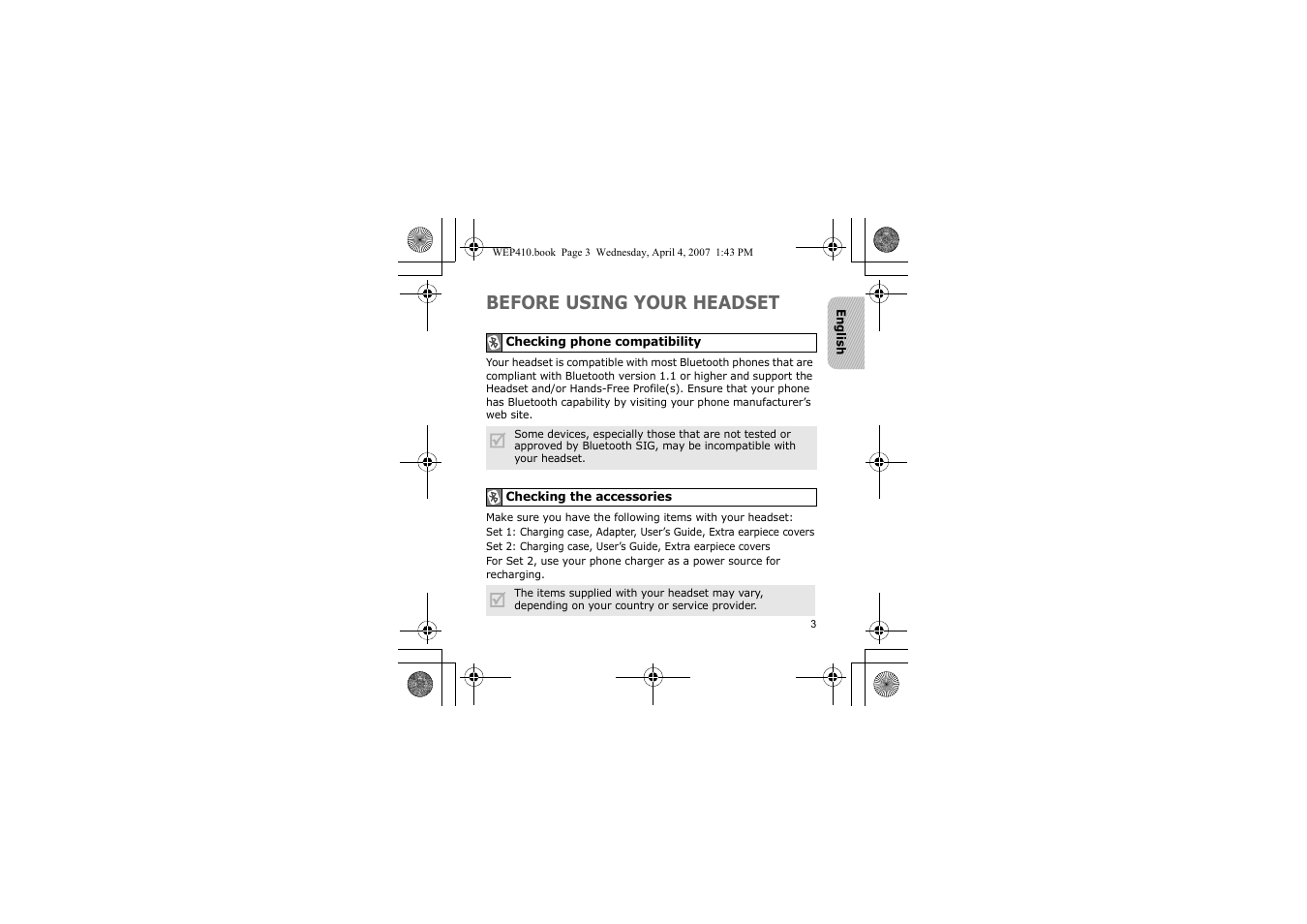 Before using your headset | Samsung WEP 410 User Manual | Page 6 / 107
