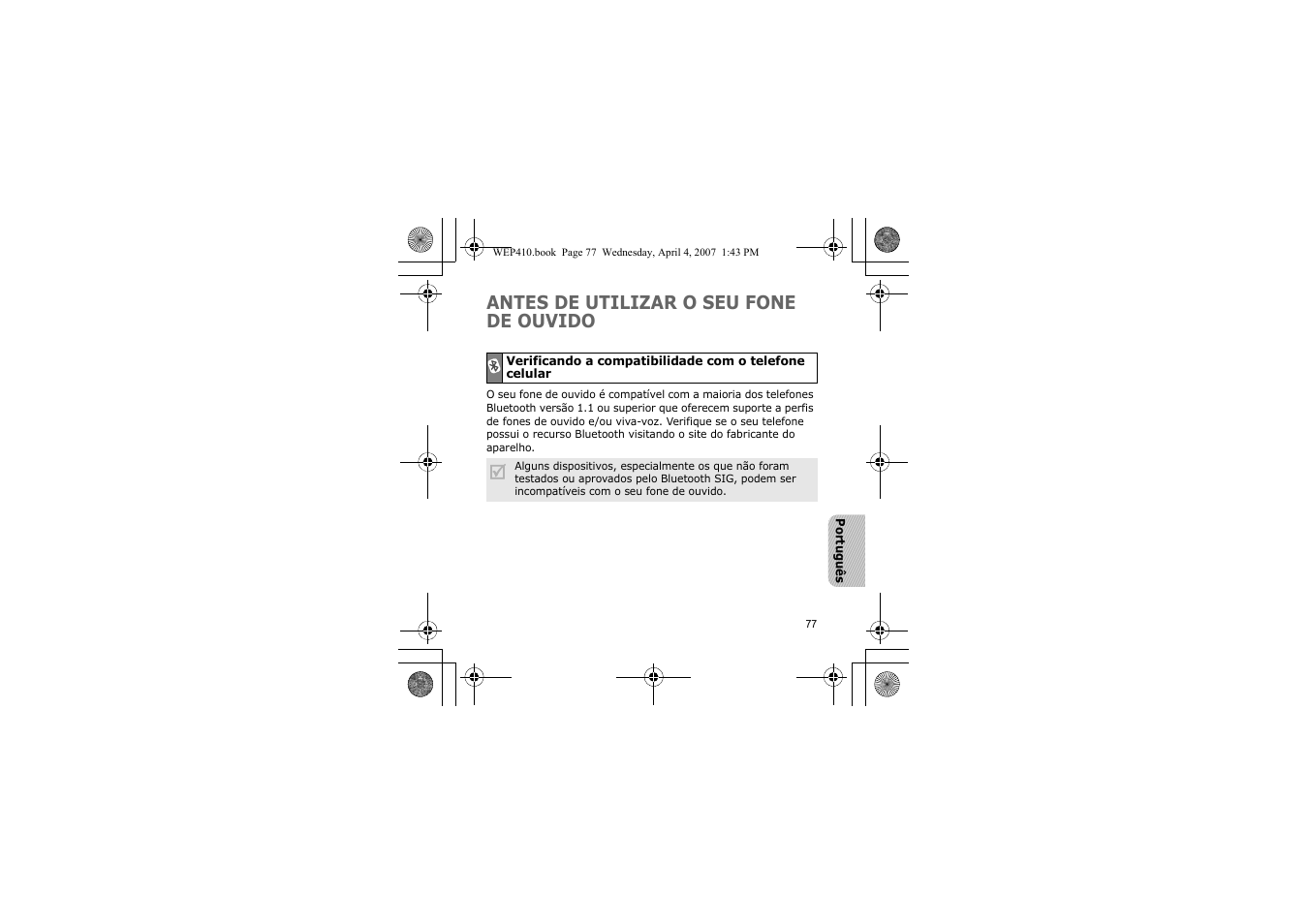 Antes de utilizar o seu fone de ouvido | Samsung WEP 410 User Manual | Page 80 / 107