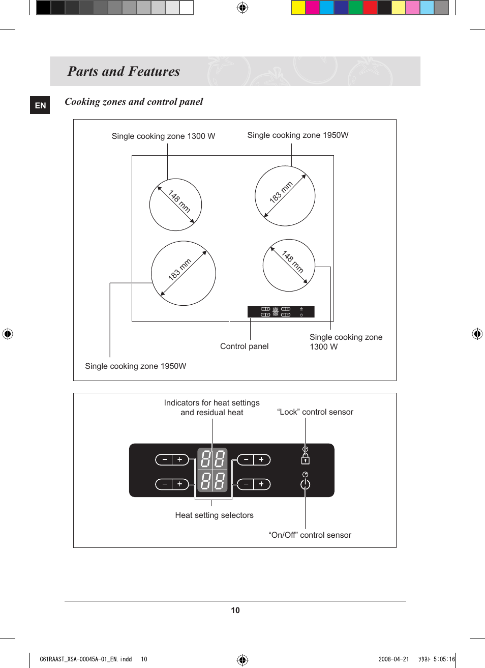 Parts and features, Cooking zones and control panel | Samsung C61RABAL User Manual | Page 12 / 30