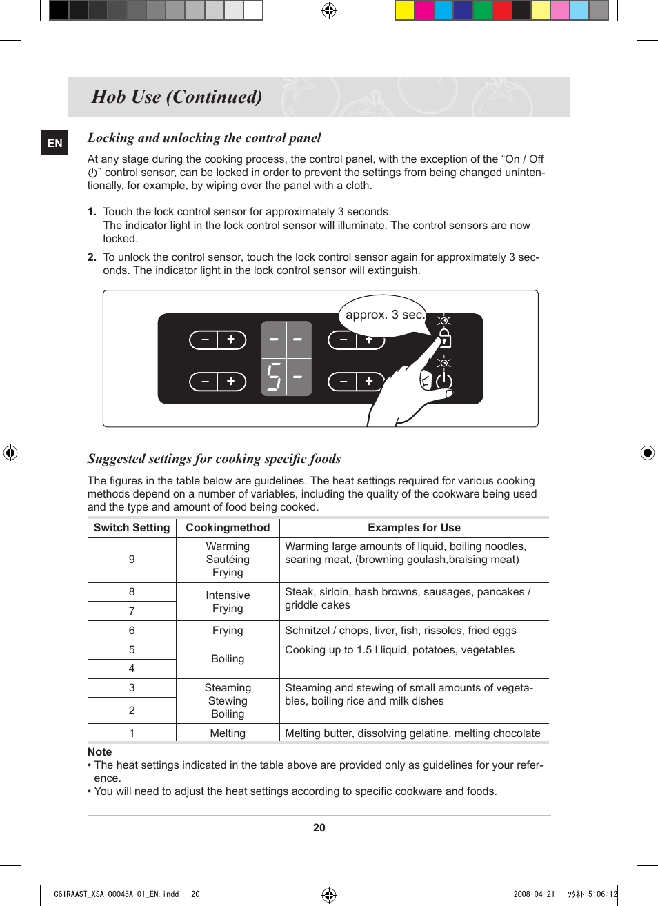 Hob use (continued), Locking and unlocking the control panel, Suggested settings for cooking speciﬁc foods | Samsung C61RABAL User Manual | Page 22 / 30