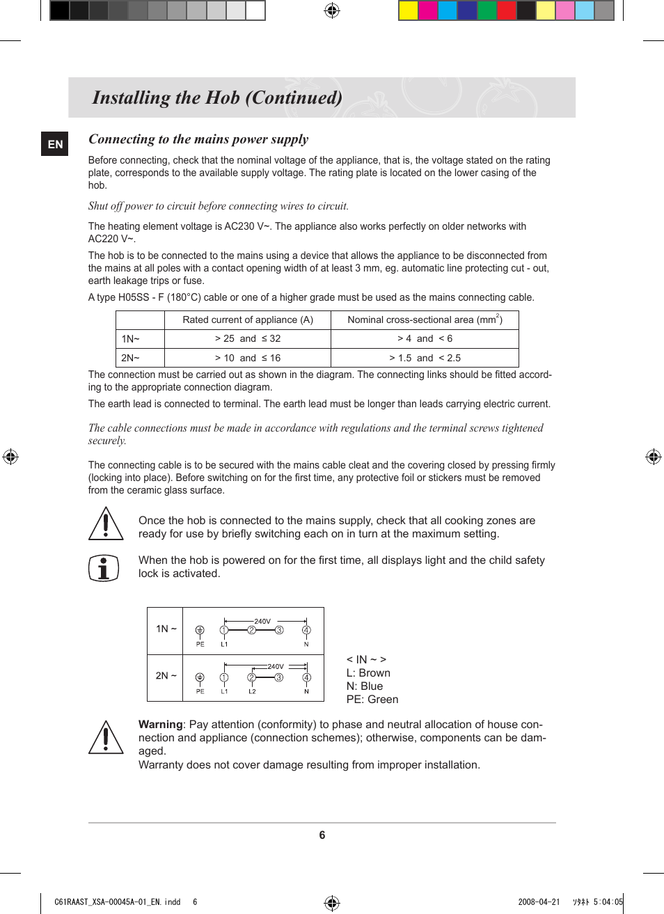 Installing the hob (continued), Connecting to the mains power supply | Samsung C61RABAL User Manual | Page 8 / 30