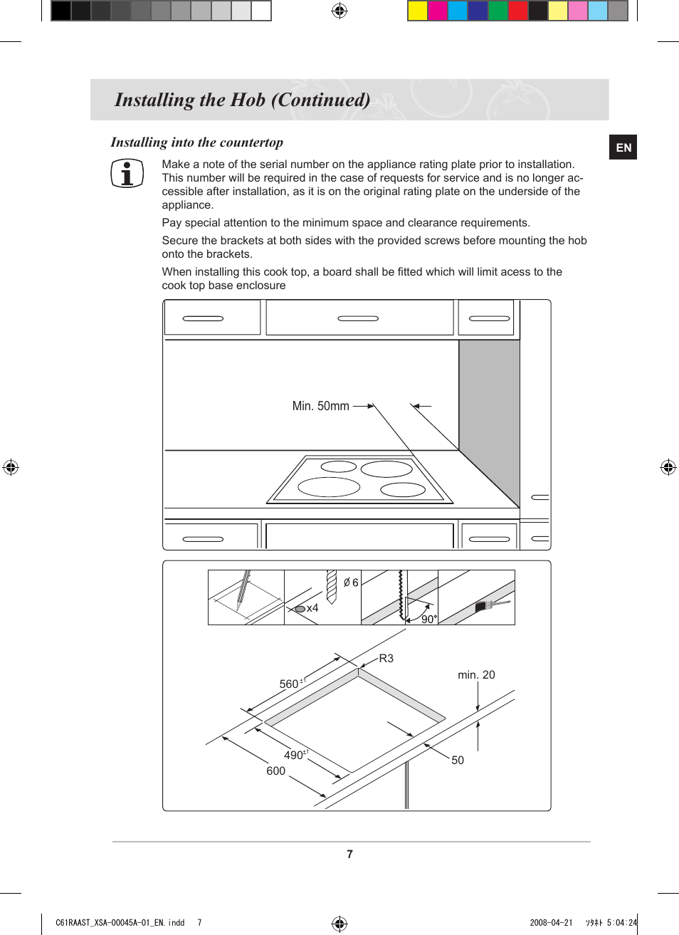Installing the hob (continued), Installing into the countertop | Samsung C61RABAL User Manual | Page 9 / 30