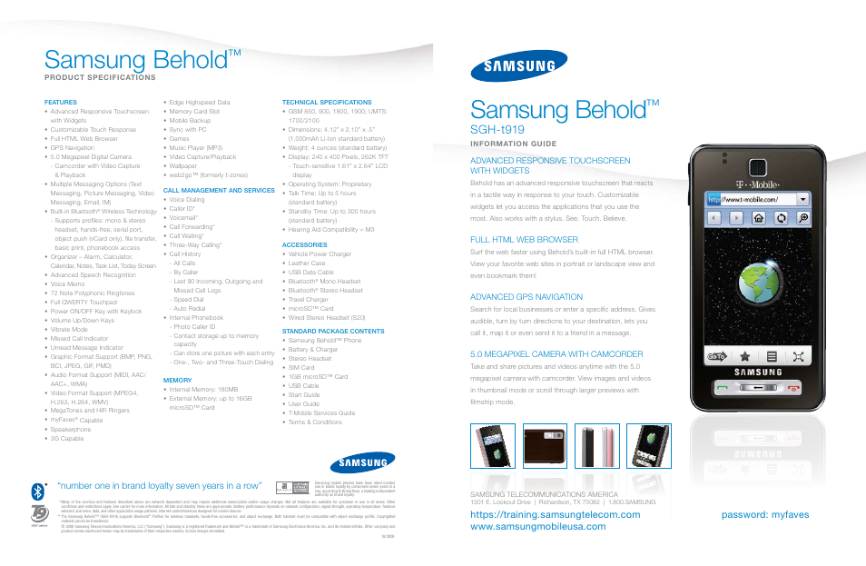 Samsung Behold SGH t919 User Manual | 2 pages