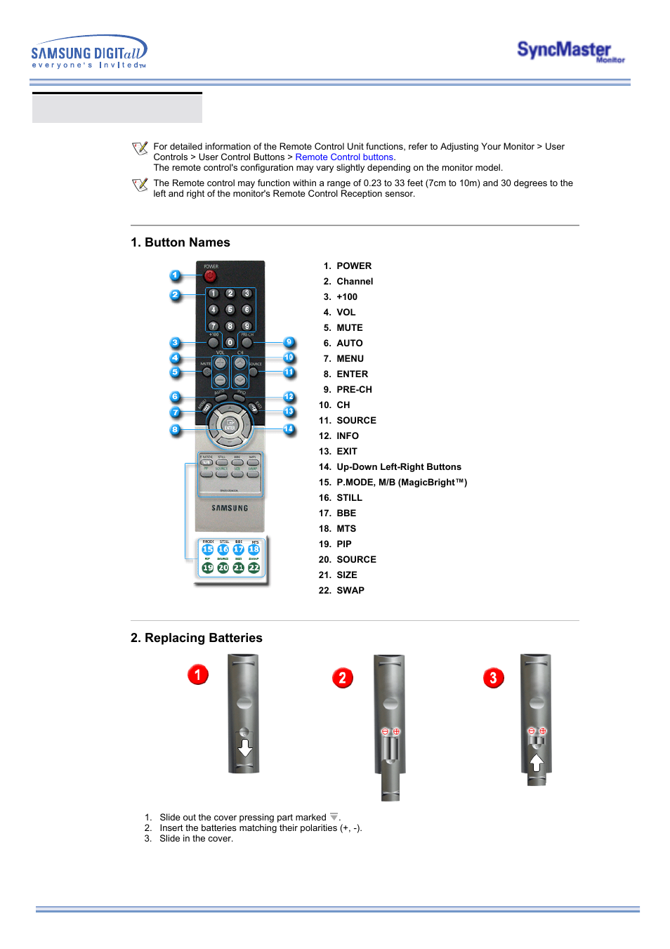 Remote control, Button names, Replacing batteries | Samsung 173MW User Manual | Page 13 / 63