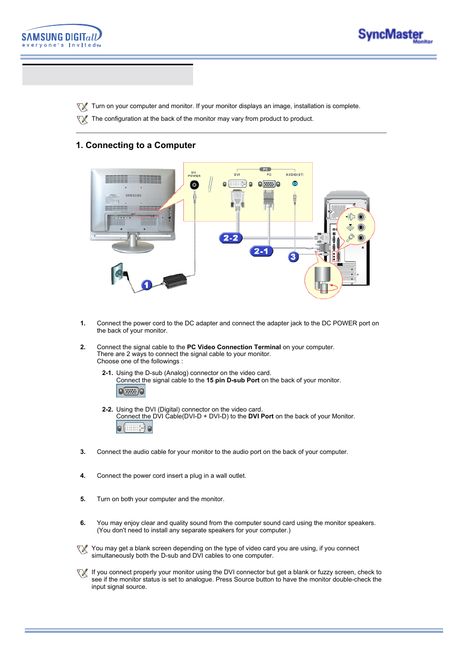 Connecting your monitor, Connecting to a computer | Samsung 173MW User Manual | Page 14 / 63