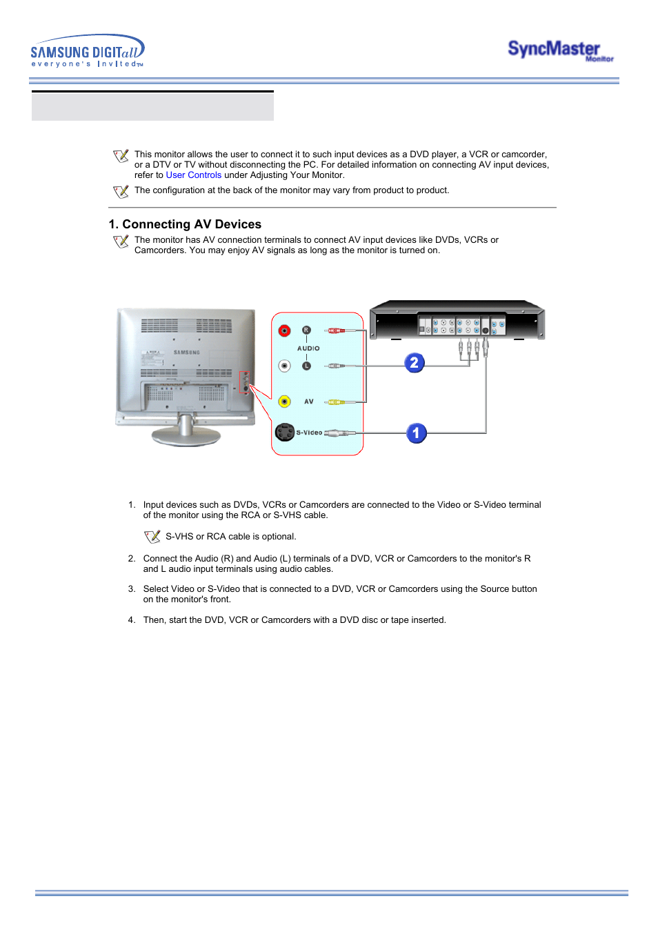 Connecting your monitor, Connecting av devices | Samsung 173MW User Manual | Page 15 / 63