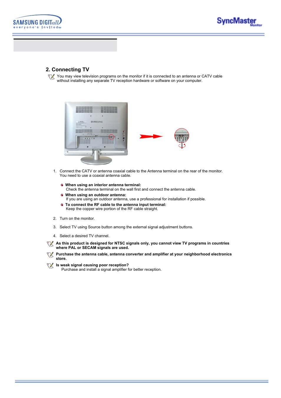 Connecting your monitor, Connecting tv | Samsung 173MW User Manual | Page 16 / 63