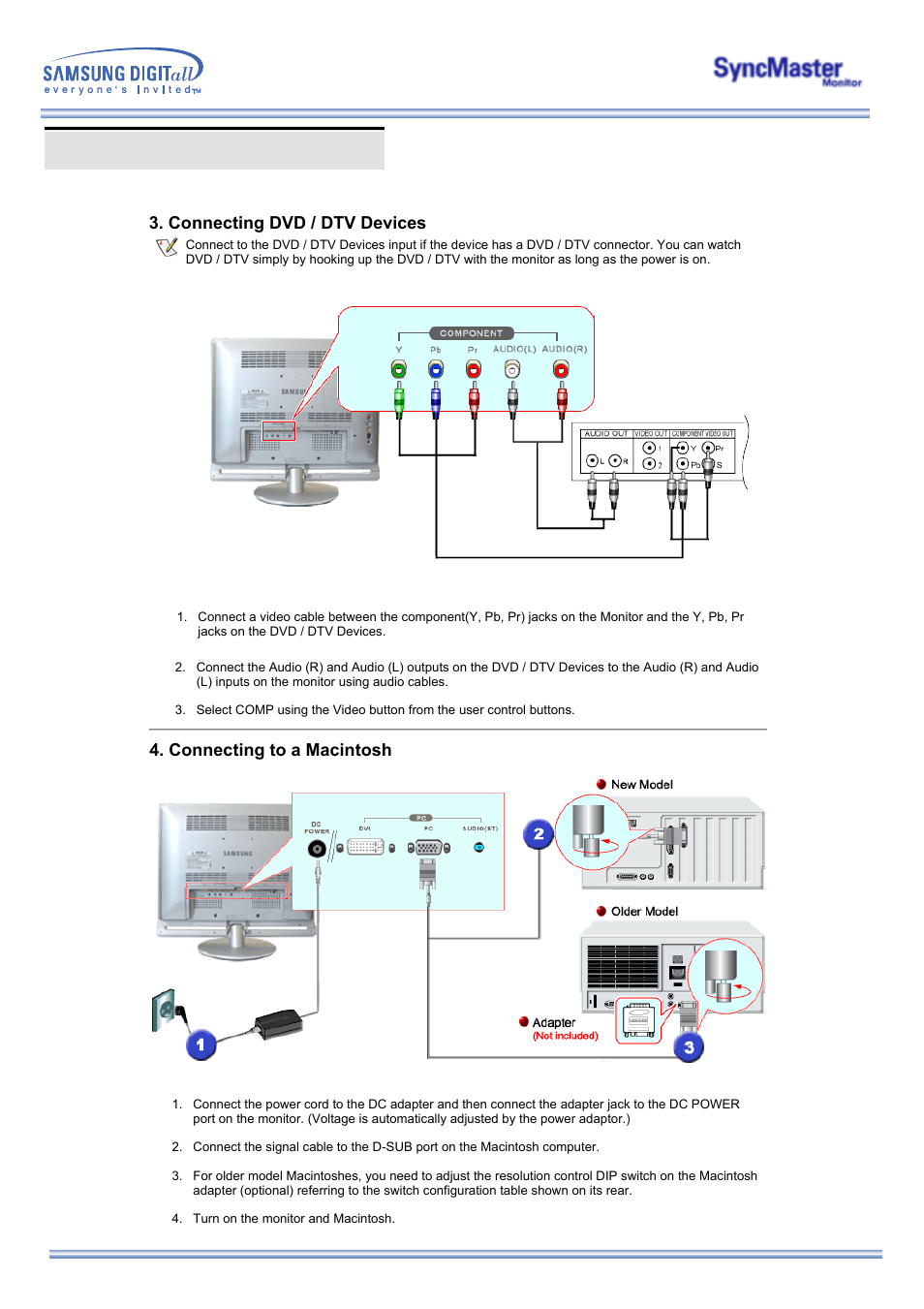 Connecting your monitor, Connecting dvd / dtv devices, Connecting to a macintosh | Samsung 173MW User Manual | Page 17 / 63