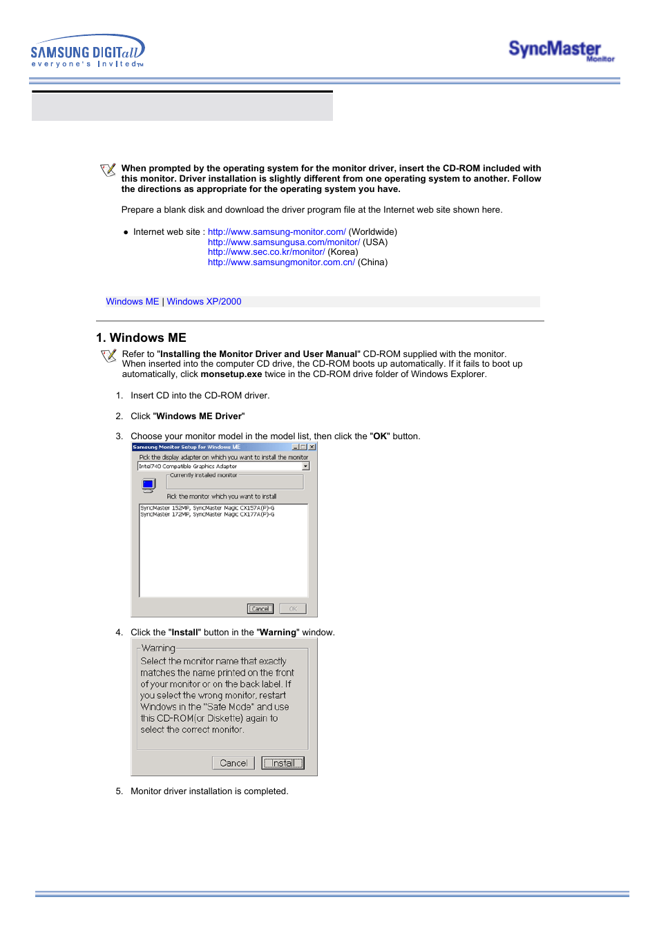 Installing the monitor driver, Windows me | Samsung 173MW User Manual | Page 19 / 63