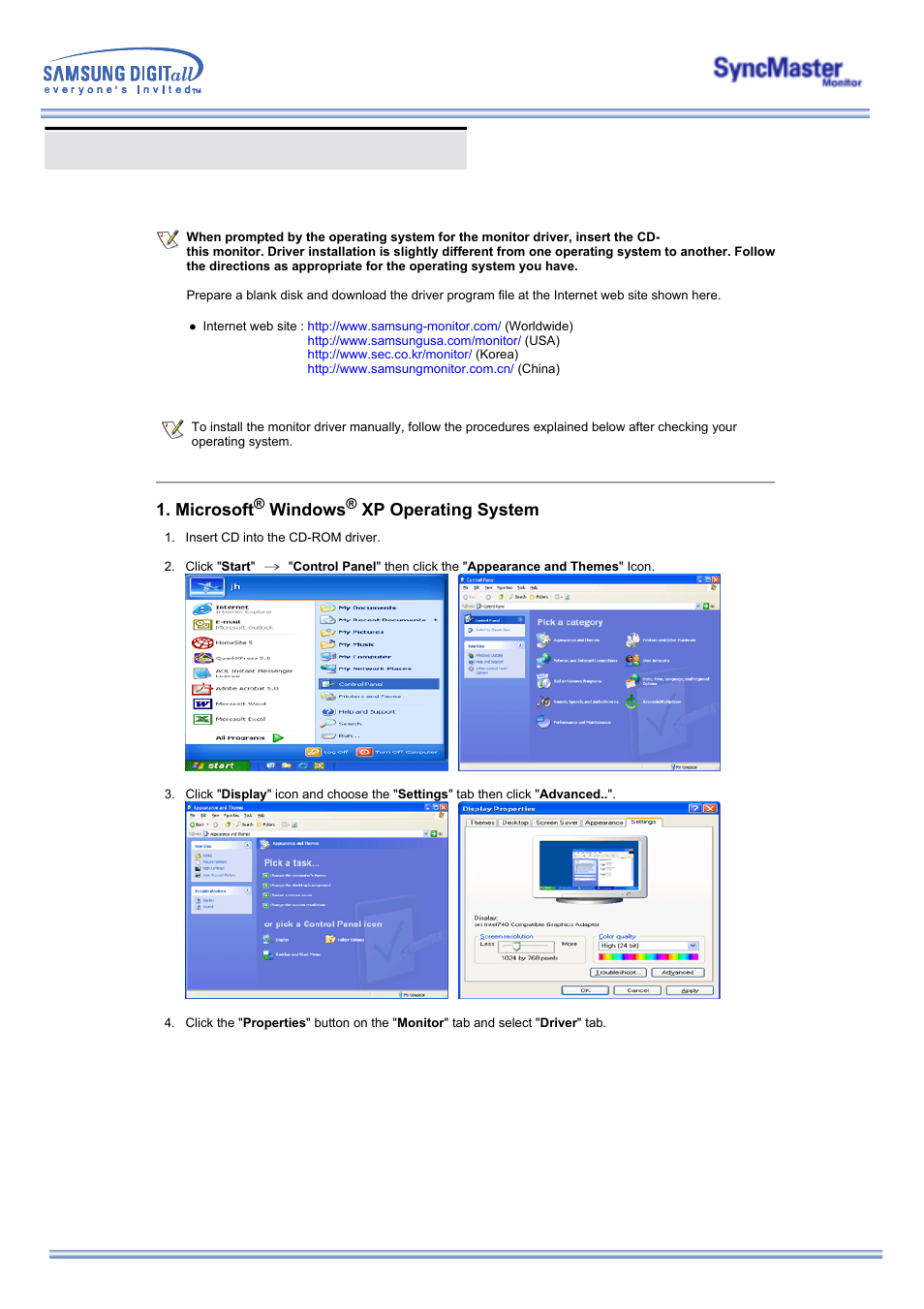 Installing the monitor driver, Microsoft, Windows | Xp operating system | Samsung 173MW User Manual | Page 21 / 63