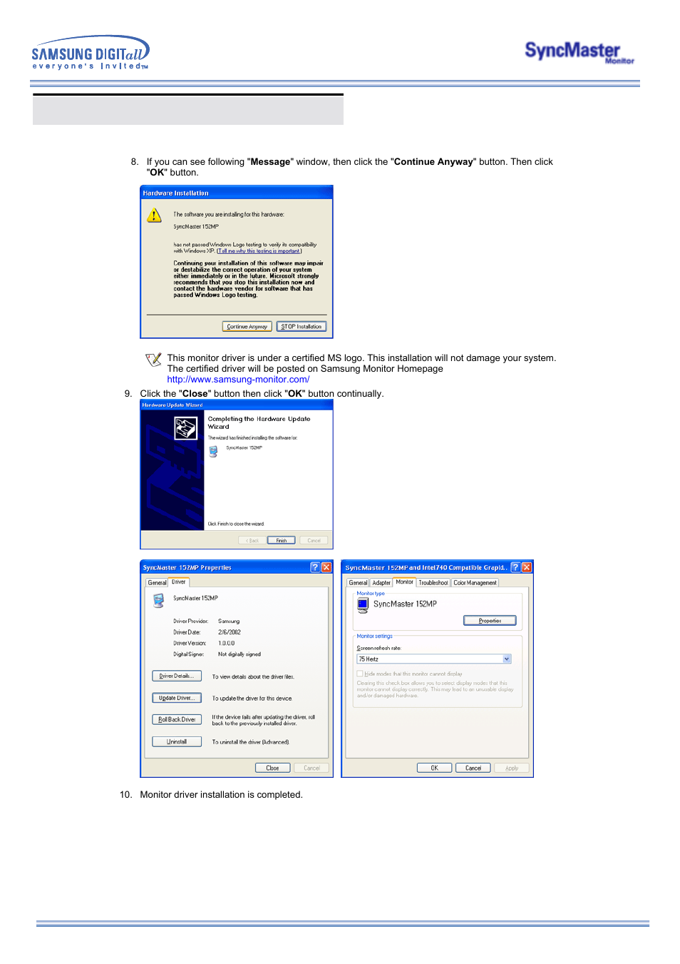 Installing the monitor driver | Samsung 173MW User Manual | Page 23 / 63