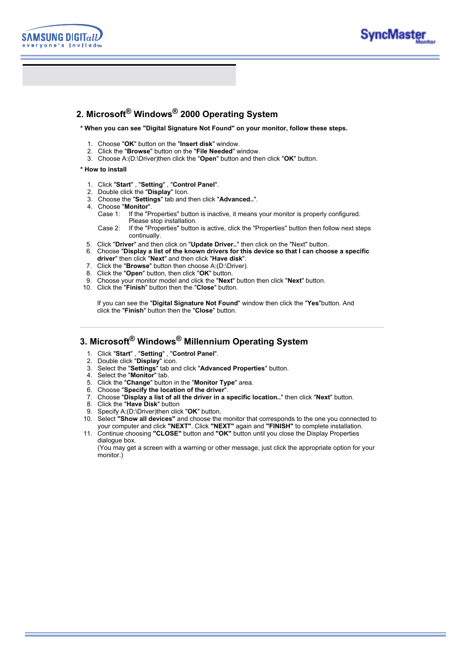 Installing the monitor driver, Microsoft, Windows | 2000 operating system, Millennium operating system | Samsung 173MW User Manual | Page 24 / 63