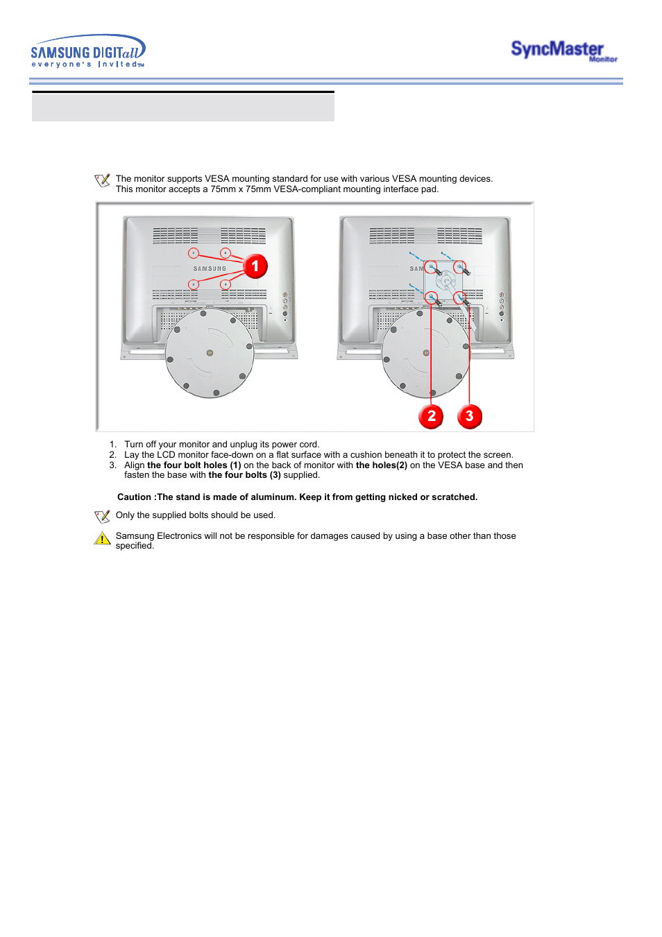 Installing a vesa base | Samsung 173MW User Manual | Page 26 / 63