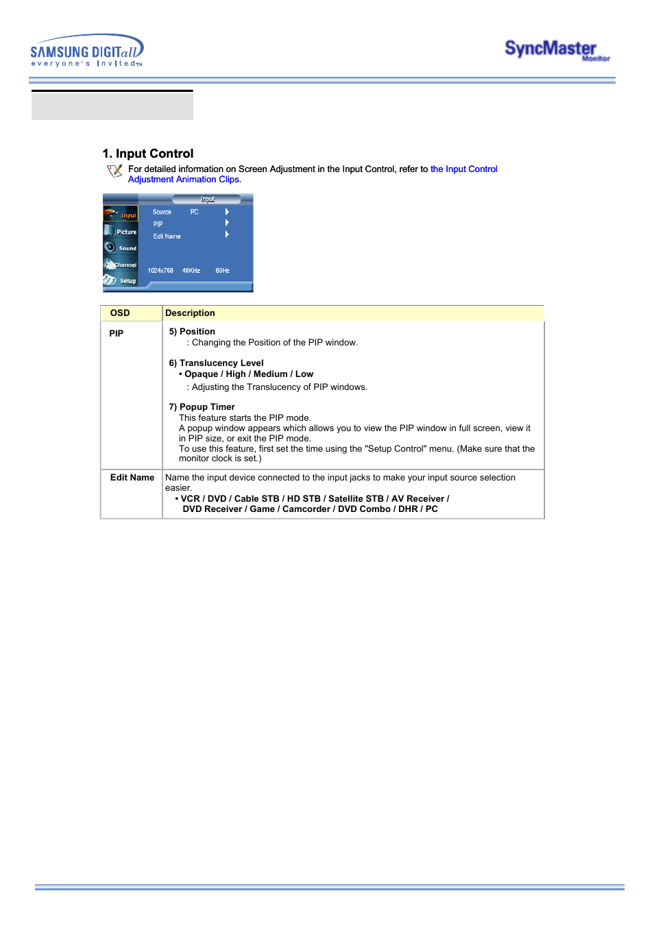 Osd functions, Input control | Samsung 173MW User Manual | Page 35 / 63