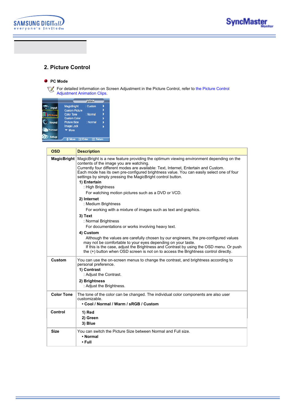 Osd functions, Picture control | Samsung 173MW User Manual | Page 36 / 63