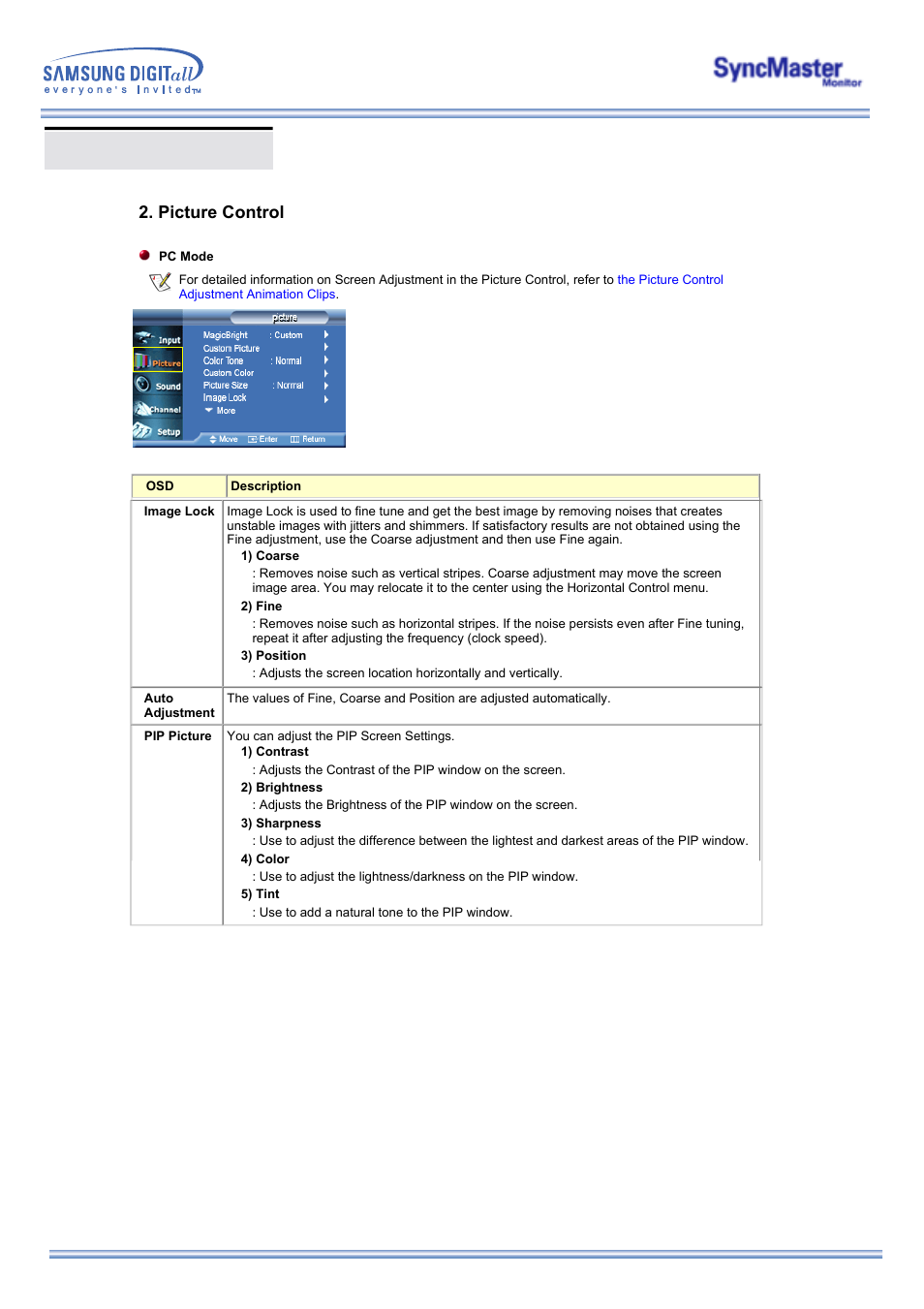 Osd functions, Picture control | Samsung 173MW User Manual | Page 37 / 63