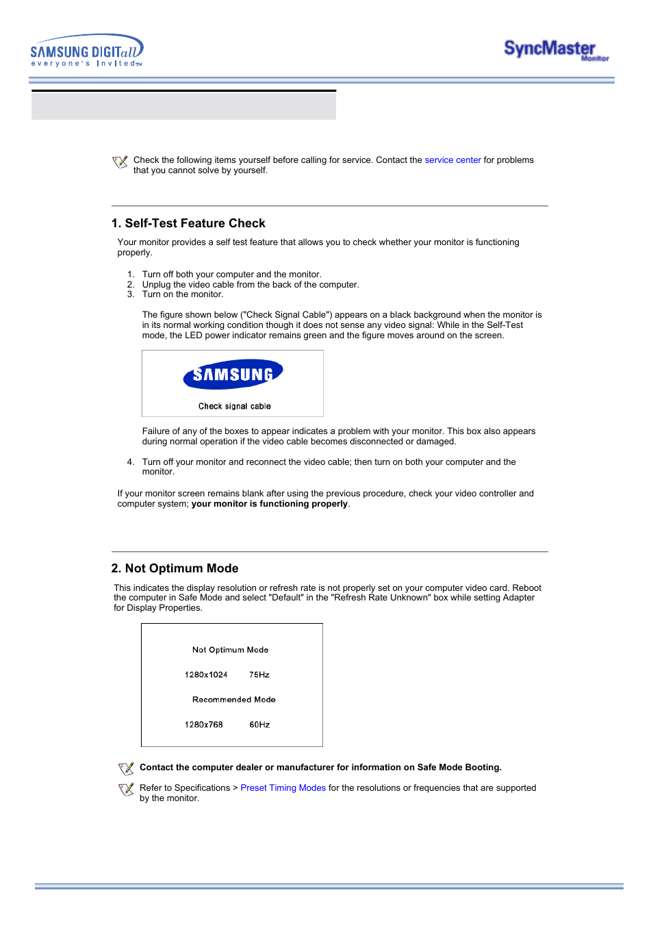 Troubleshooting, Check before calling for service, Self-test feature check | Not optimum mode | Samsung 173MW User Manual | Page 43 / 63