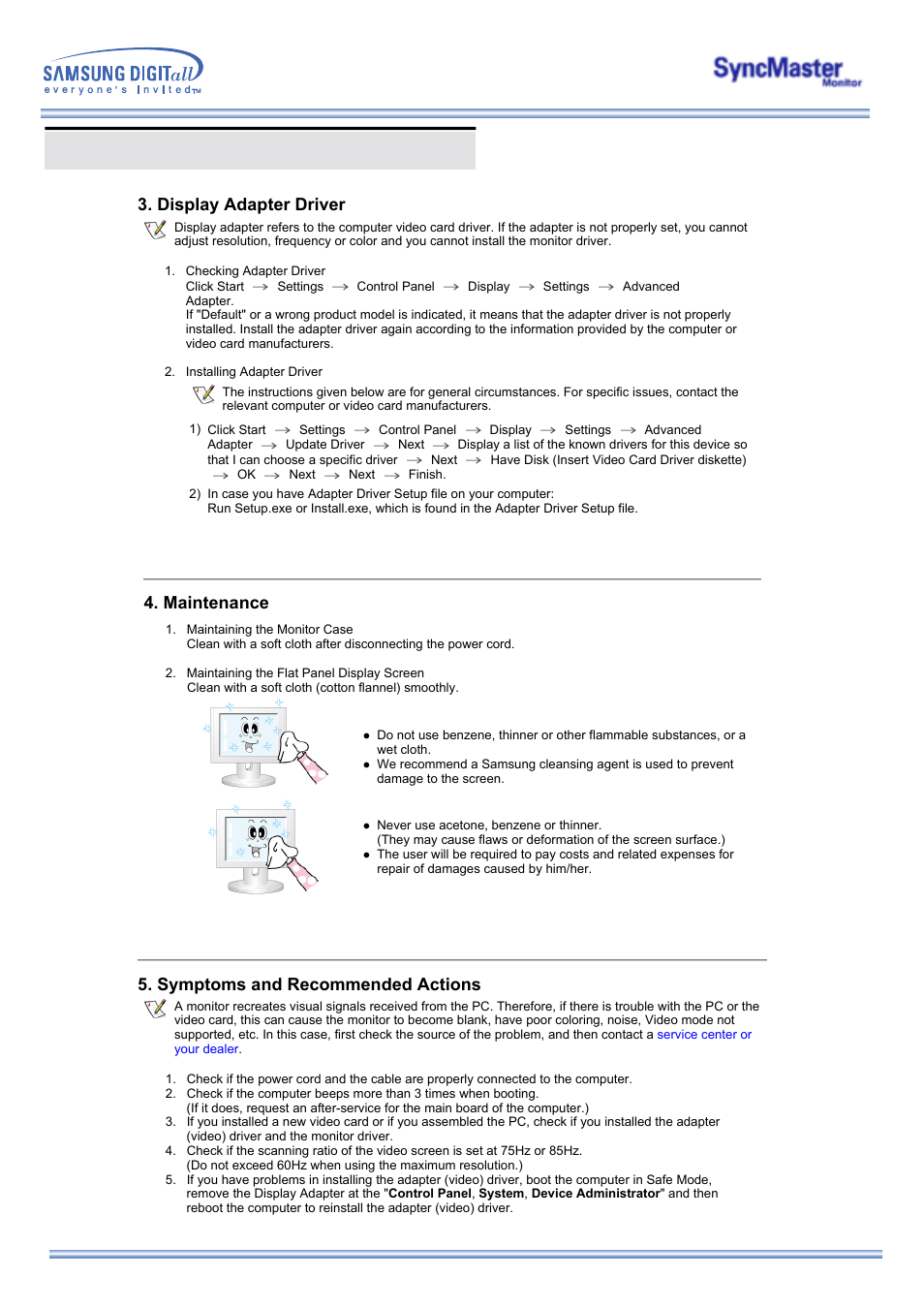 Check before calling for service, Display adapter driver, Maintenance | Symptoms and recommended actions | Samsung 173MW User Manual | Page 44 / 63