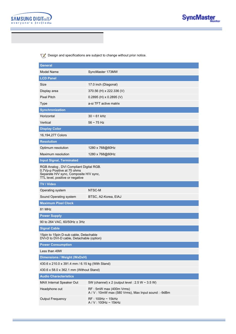 Specifications, General specifications | Samsung 173MW User Manual | Page 48 / 63