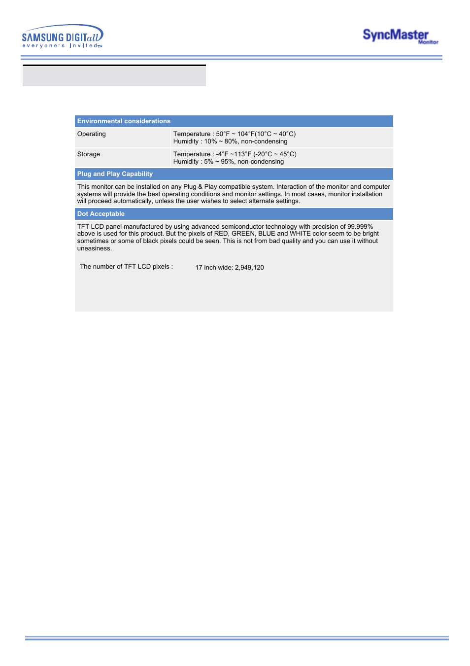 General specifications | Samsung 173MW User Manual | Page 49 / 63