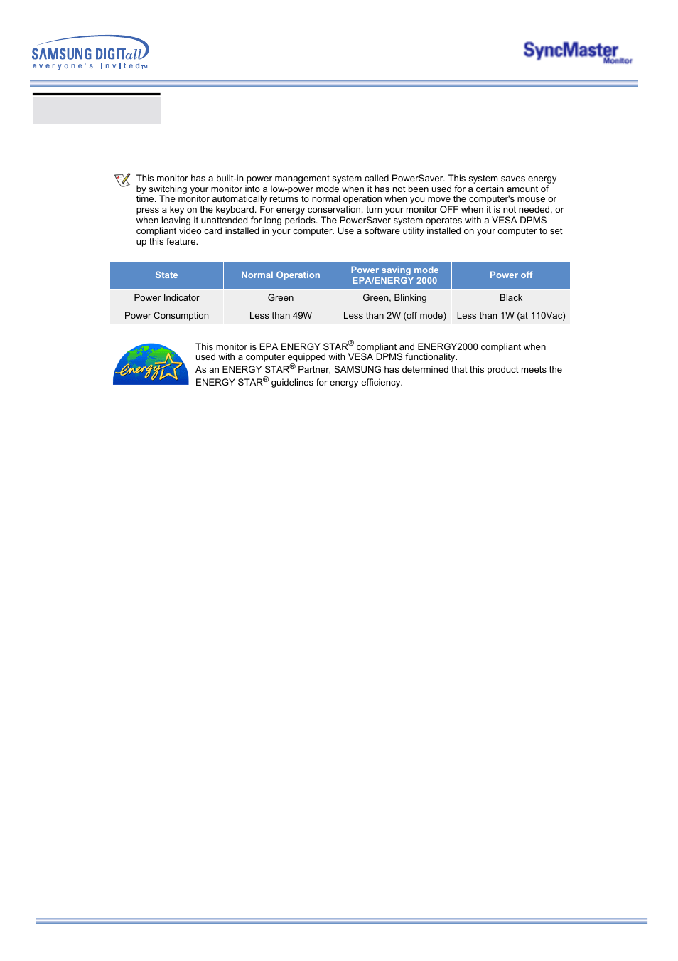 Powersaver | Samsung 173MW User Manual | Page 50 / 63