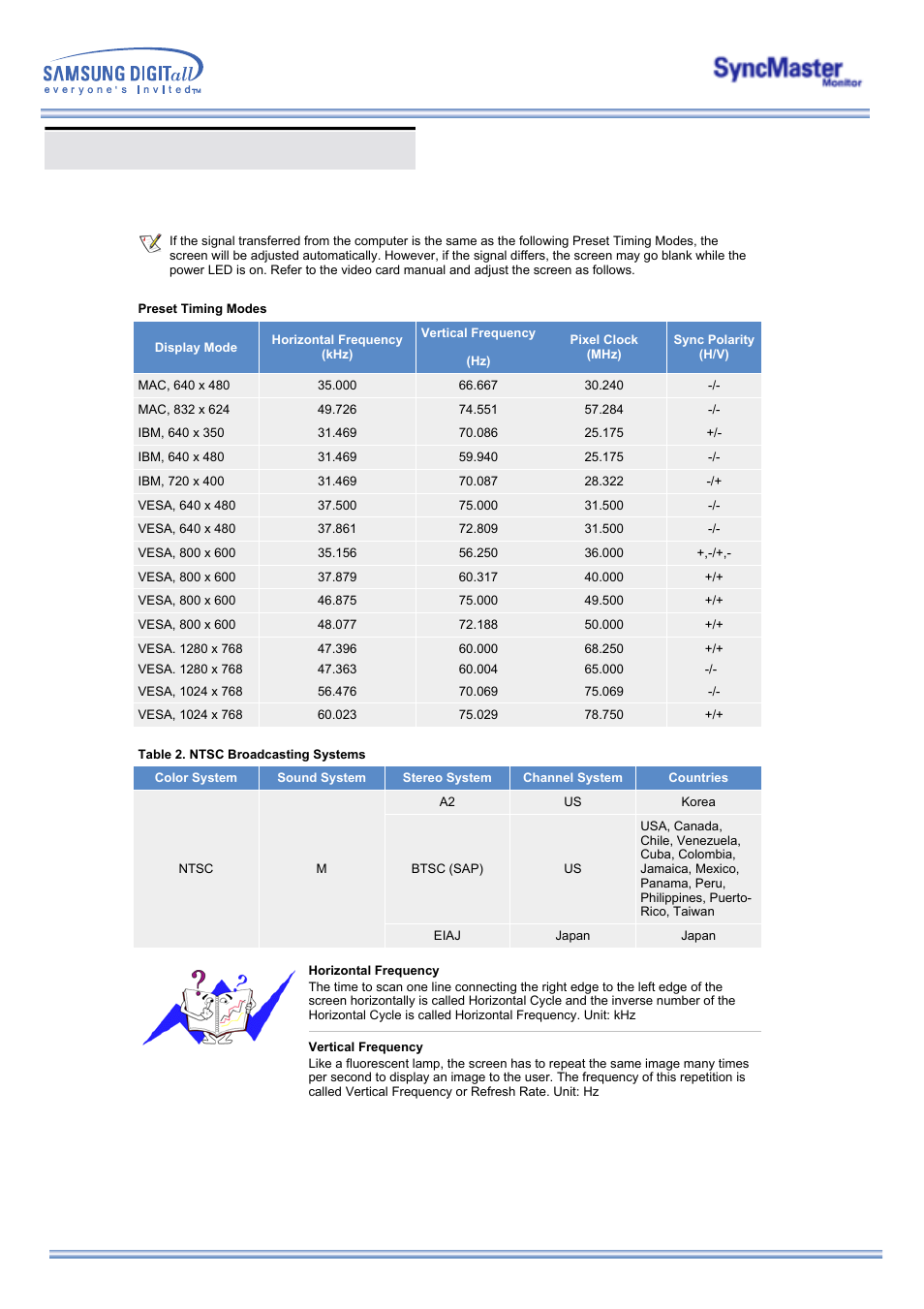 Preset timing modes | Samsung 173MW User Manual | Page 51 / 63