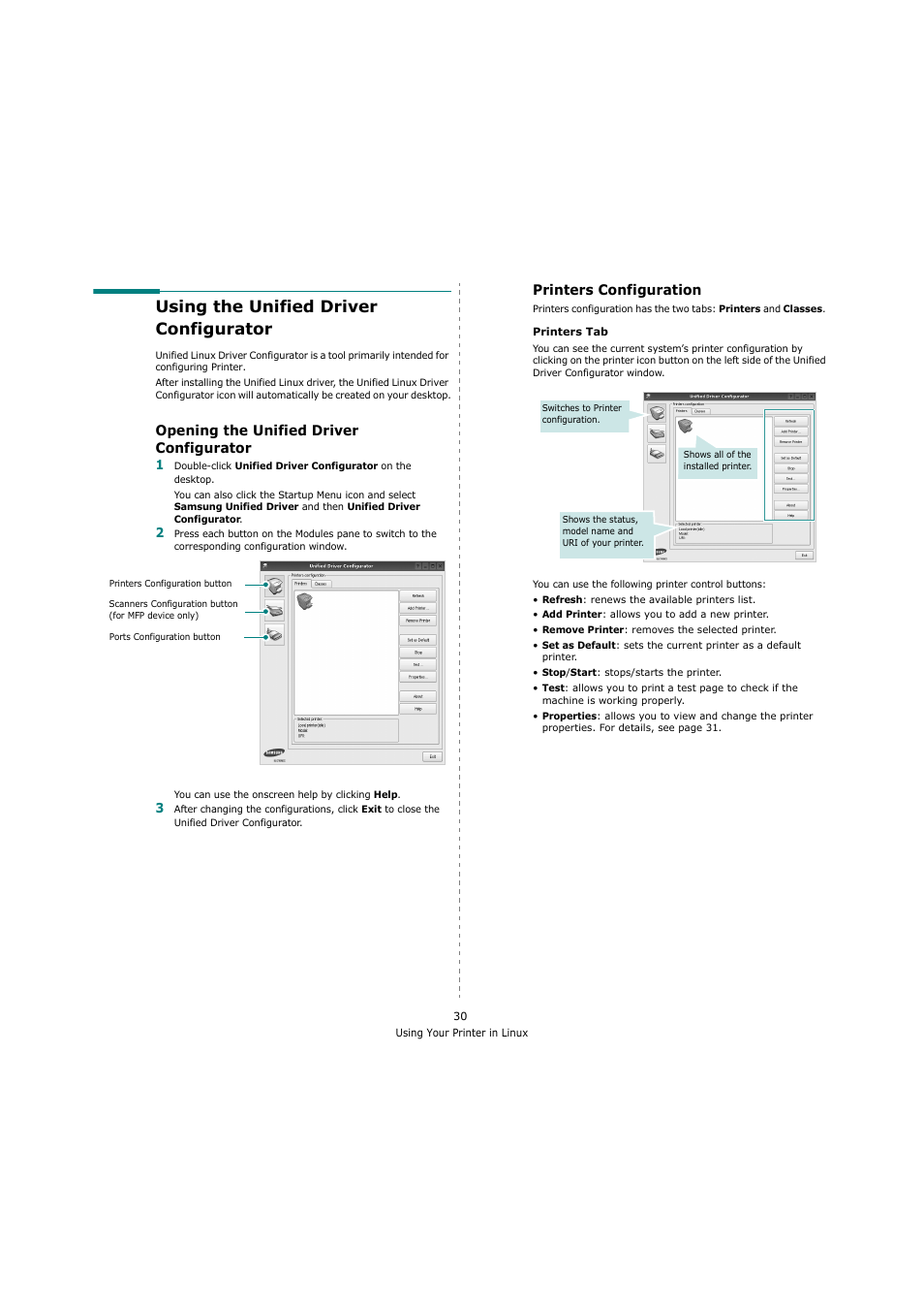 Using the unified driver configurator, Opening the unified driver configurator, Printers configuration | Samsung ML-4551N User Manual | Page 101 / 111
