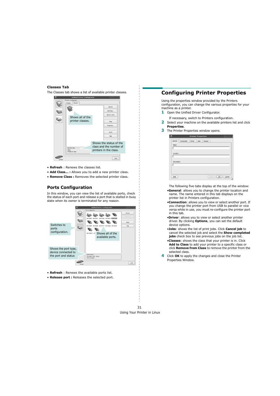 Ports configuration, Configuring printer properties | Samsung ML-4551N User Manual | Page 102 / 111