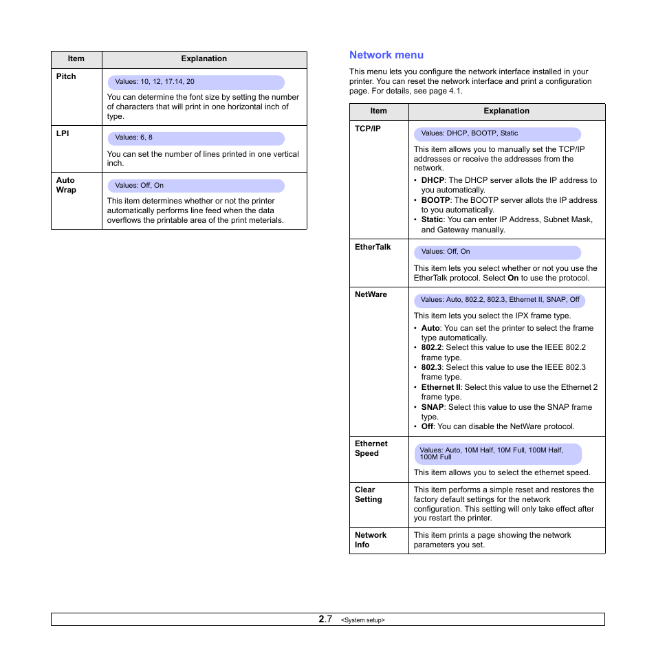 Network menu, Age 2.7 | Samsung ML-4551N User Manual | Page 21 / 111